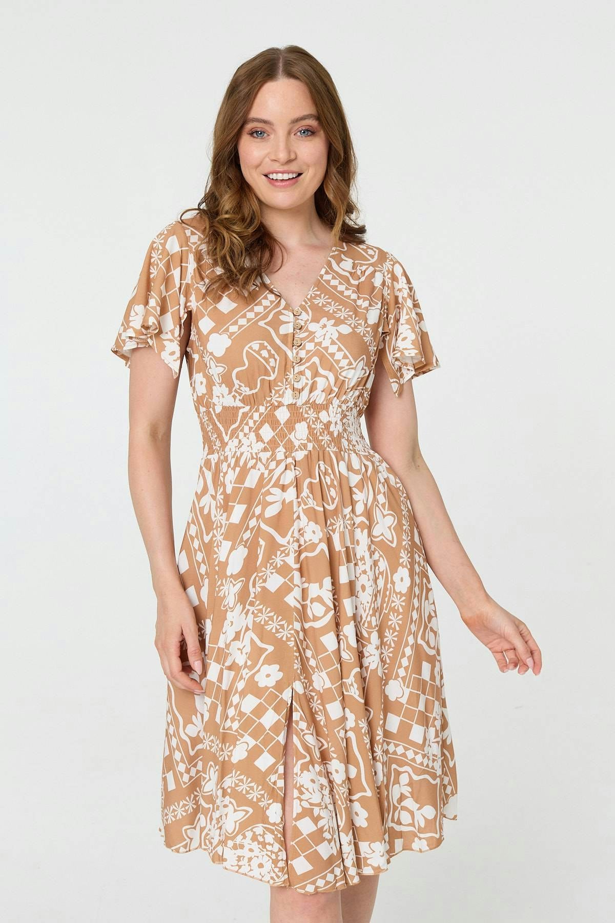 Izabel London Brown Printed Shirred Knee Length Dress - 8