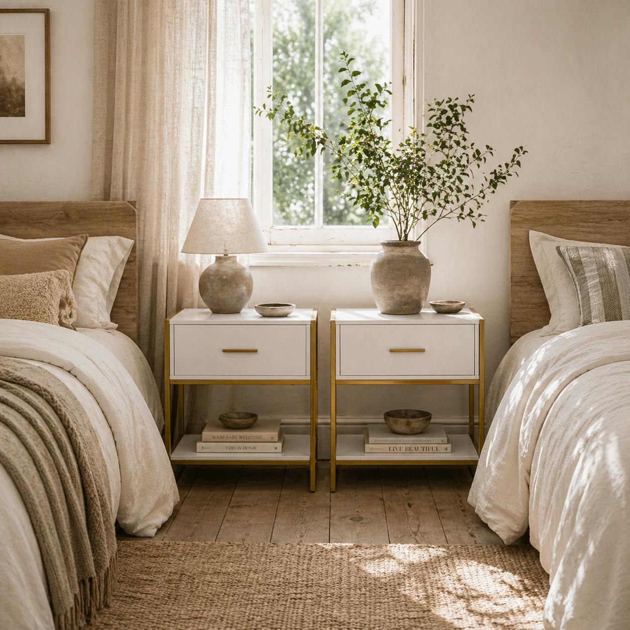 Rackhams White/Gold Niva And Set Of 2 Modern Bedside Tables With Drawer And Shelf