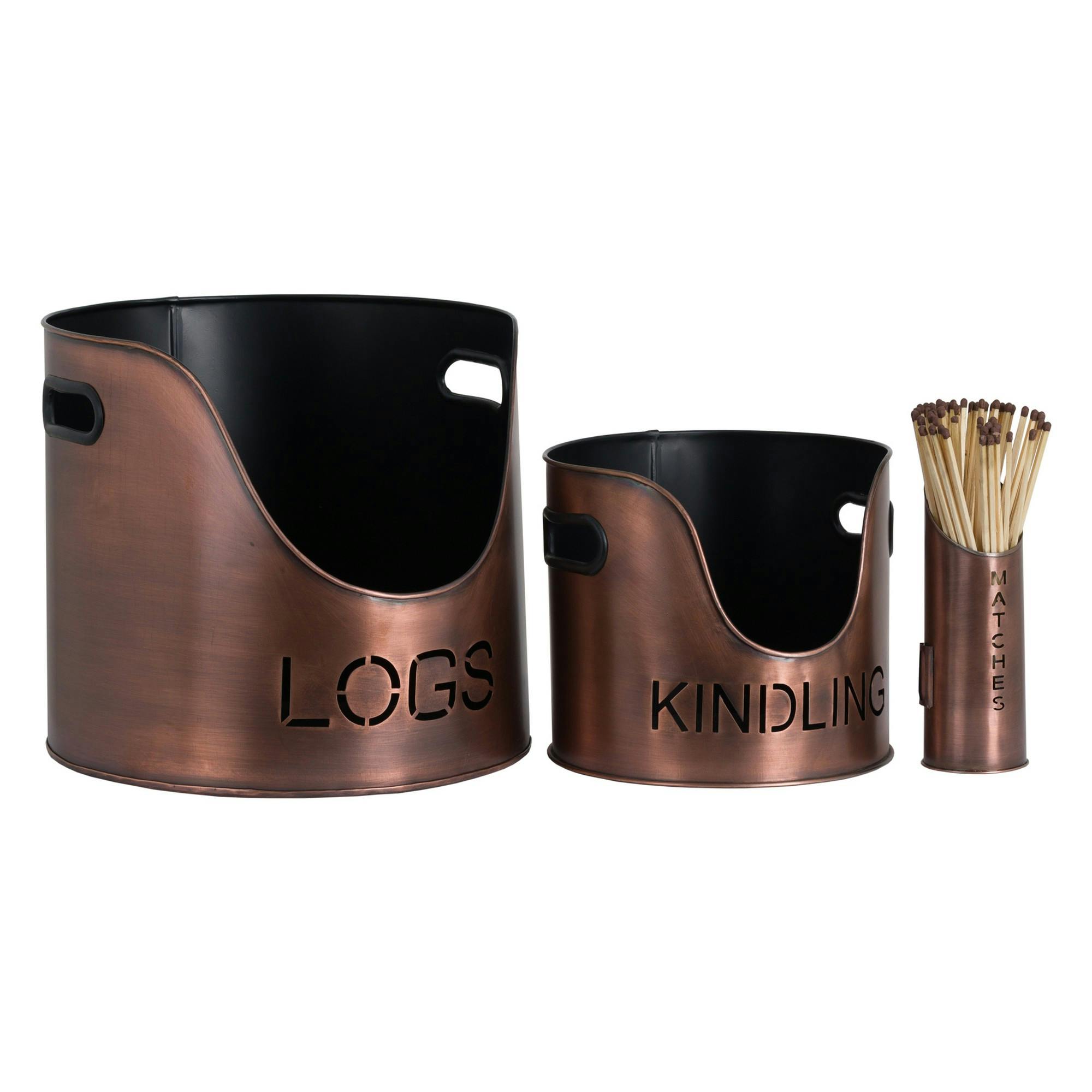 Hill Interiors Three Piece Fire Wood Bucket Set - Copper - One Size - Copper - 100% Metal