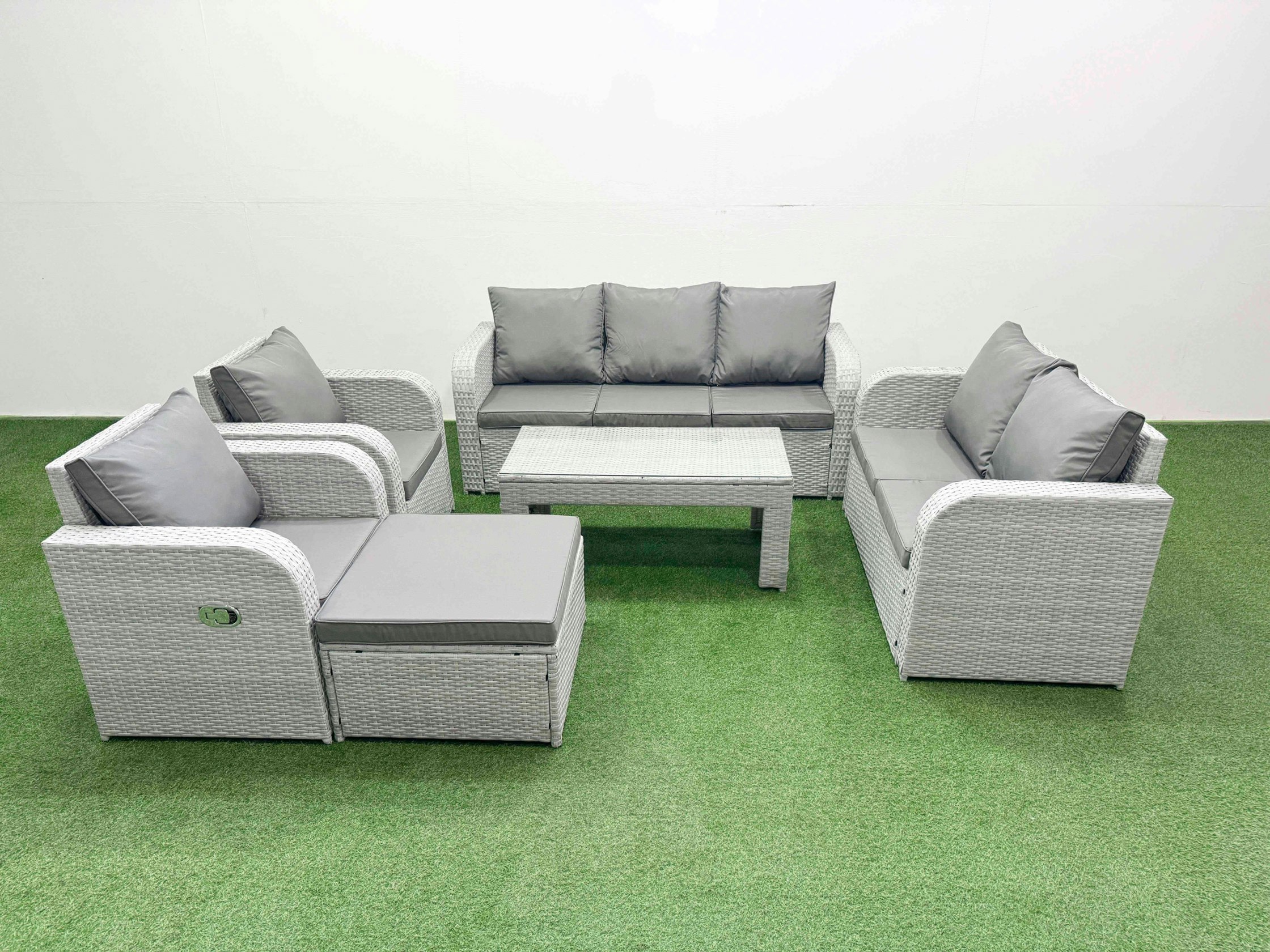 Fimous Light/Grey Pe Wicker Rattan Garden Furniture Set - Adjustable Reclining Chair Sofa Lounge Set With Coffee Table & Big Footstool
