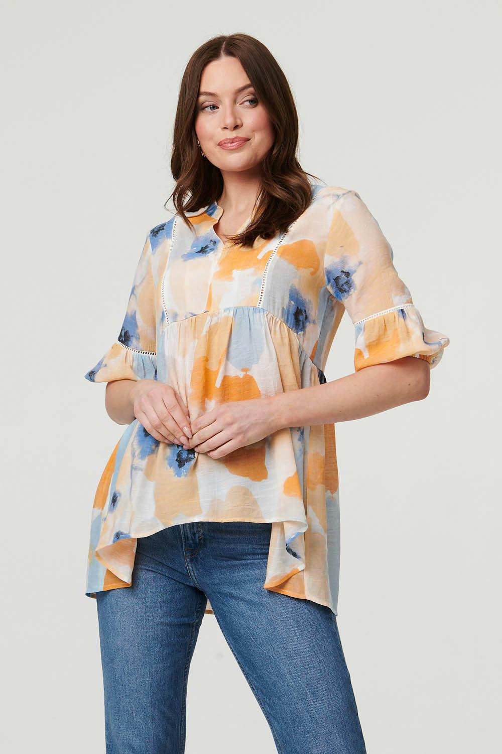 Izabel London Blue Printed 1/2 Sleeve Ruched Relaxed Blouse - 12