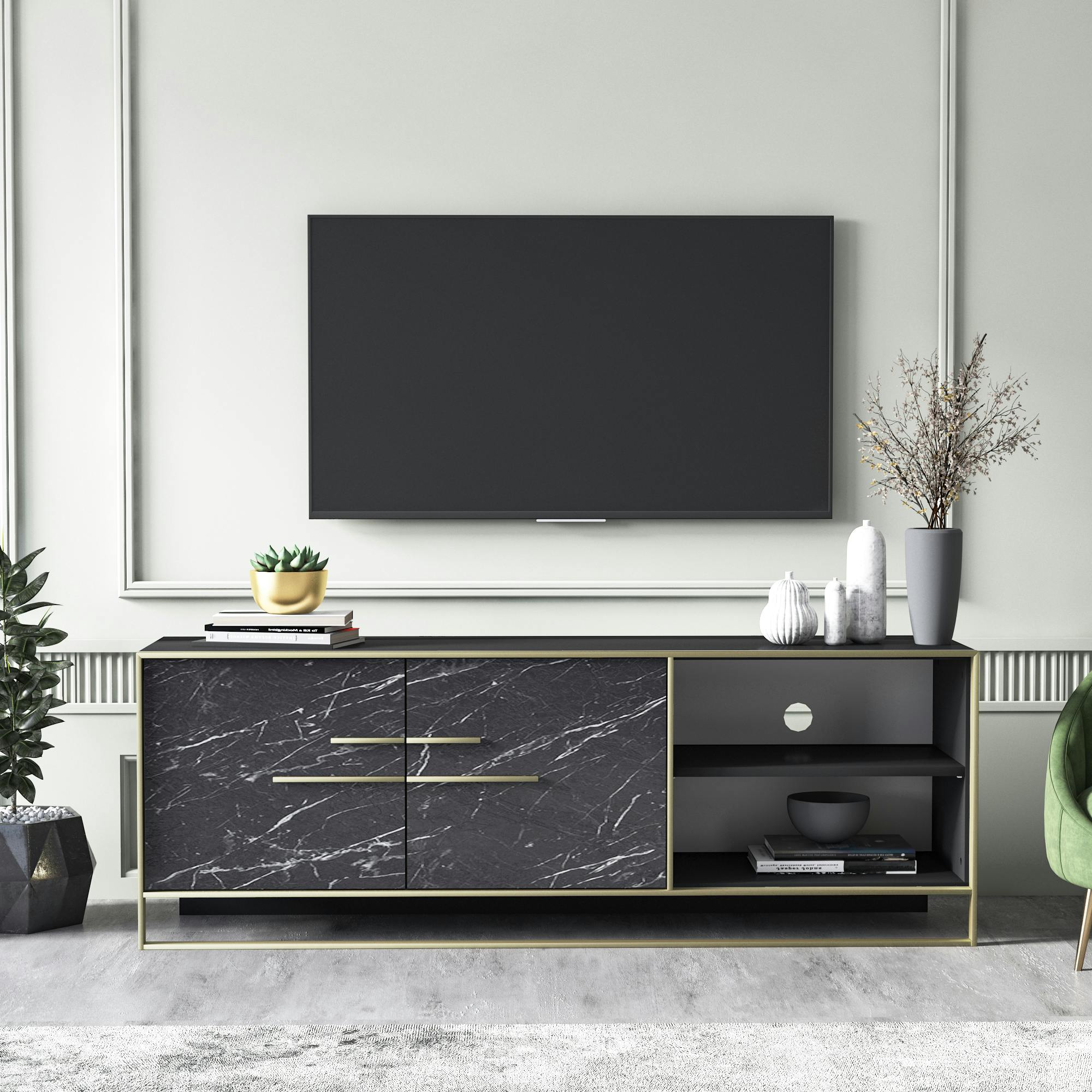 Decorotika Black Polka Modern Tv Stand Tv Cabinet For Tv's Up To 70" - Bendir