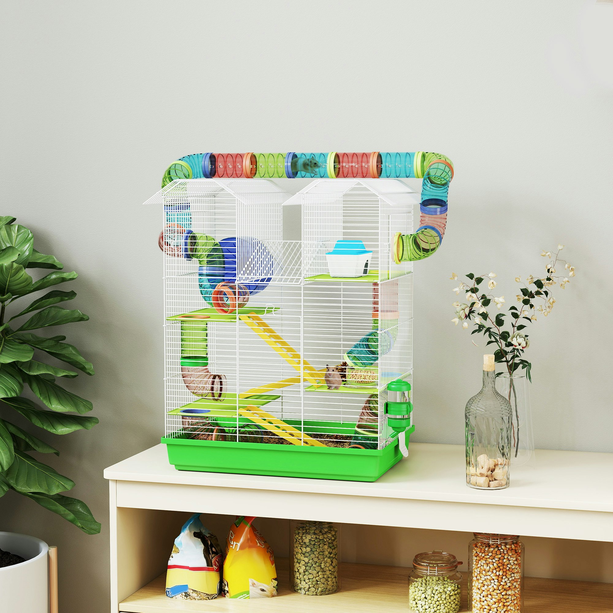 Pawhut Green 5 Tiers Hamster Cage Animal Travel Carrier Habitat, - Metal, Pp, Ps - 1