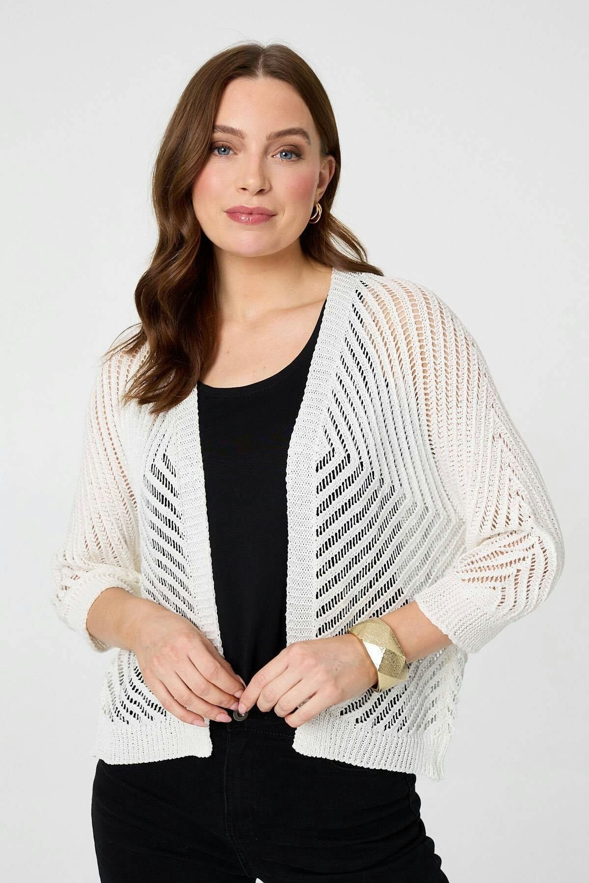 Izabel London White Chevron Texture Mesh 1/2 Sleeve Cardigan - L