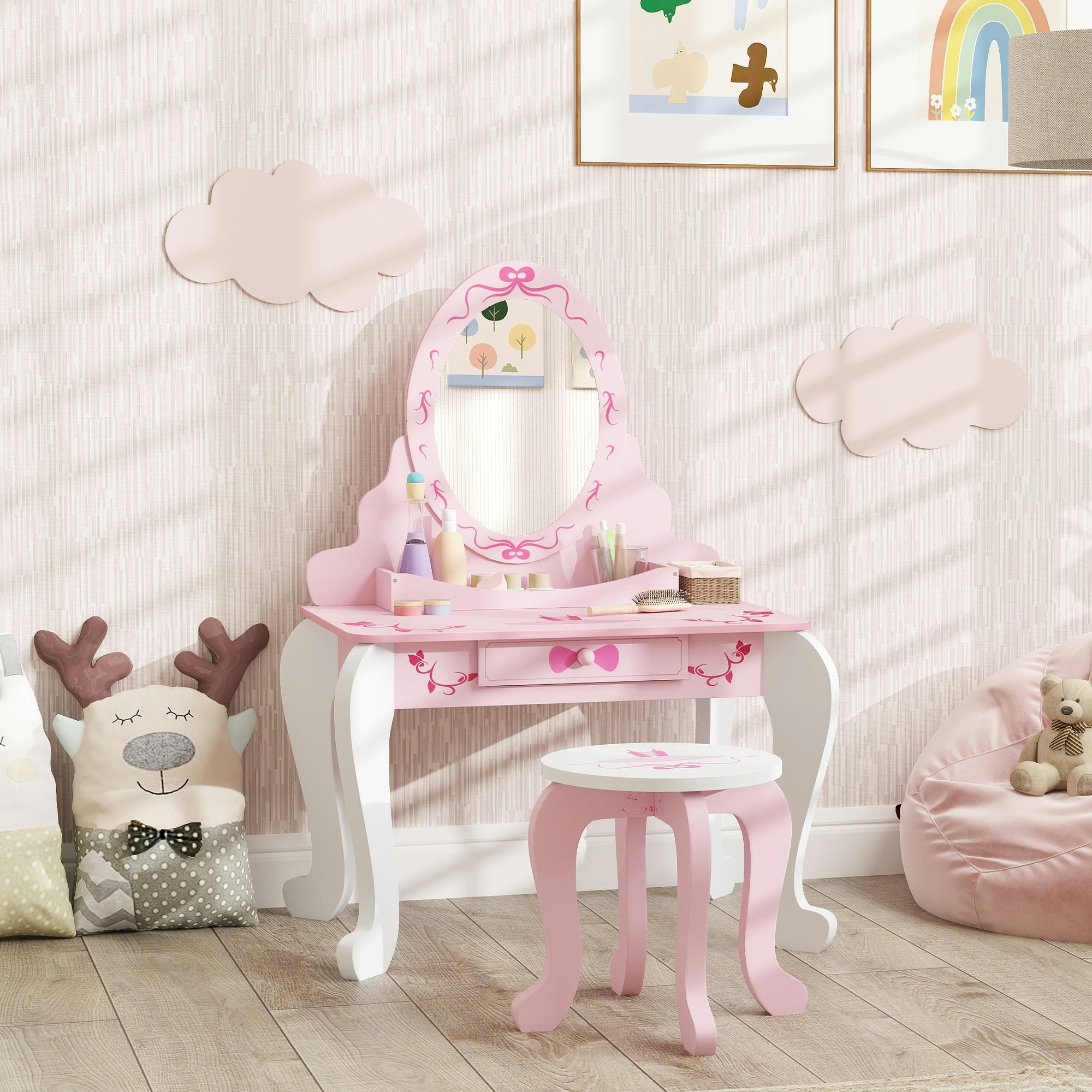 Rackhams Kids Dressing Table Set, 2 Pcs Children Vanity Table With Stool