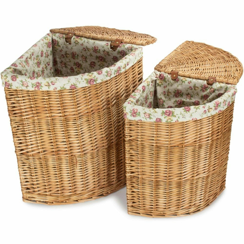 Rackhams Light Set Of 2 Steamed Wicker Corner Laundry Baskets With Garden Rose Lining