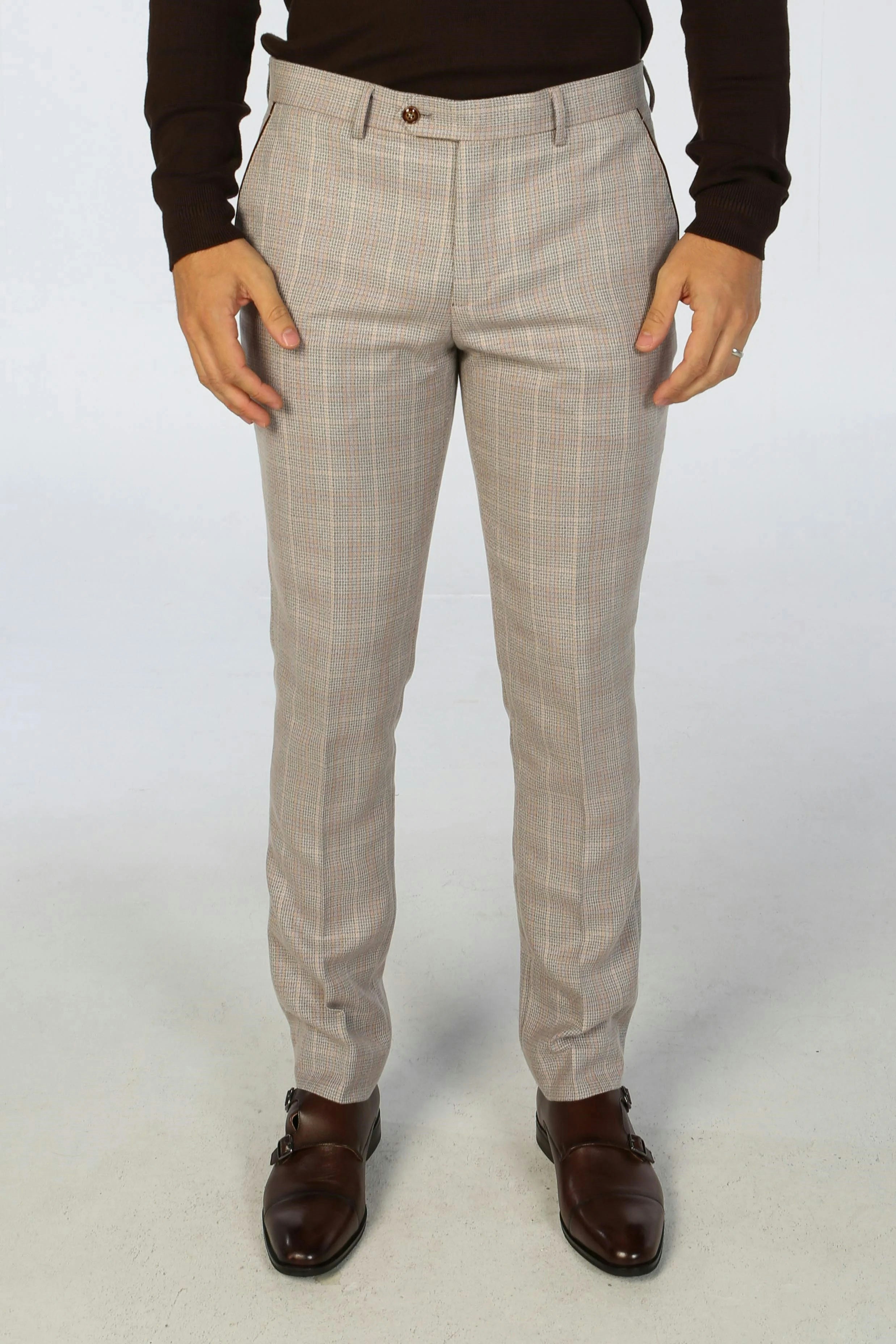 Paul Andrew Men's Beige Leo - Checked Trousers - 32W 32L