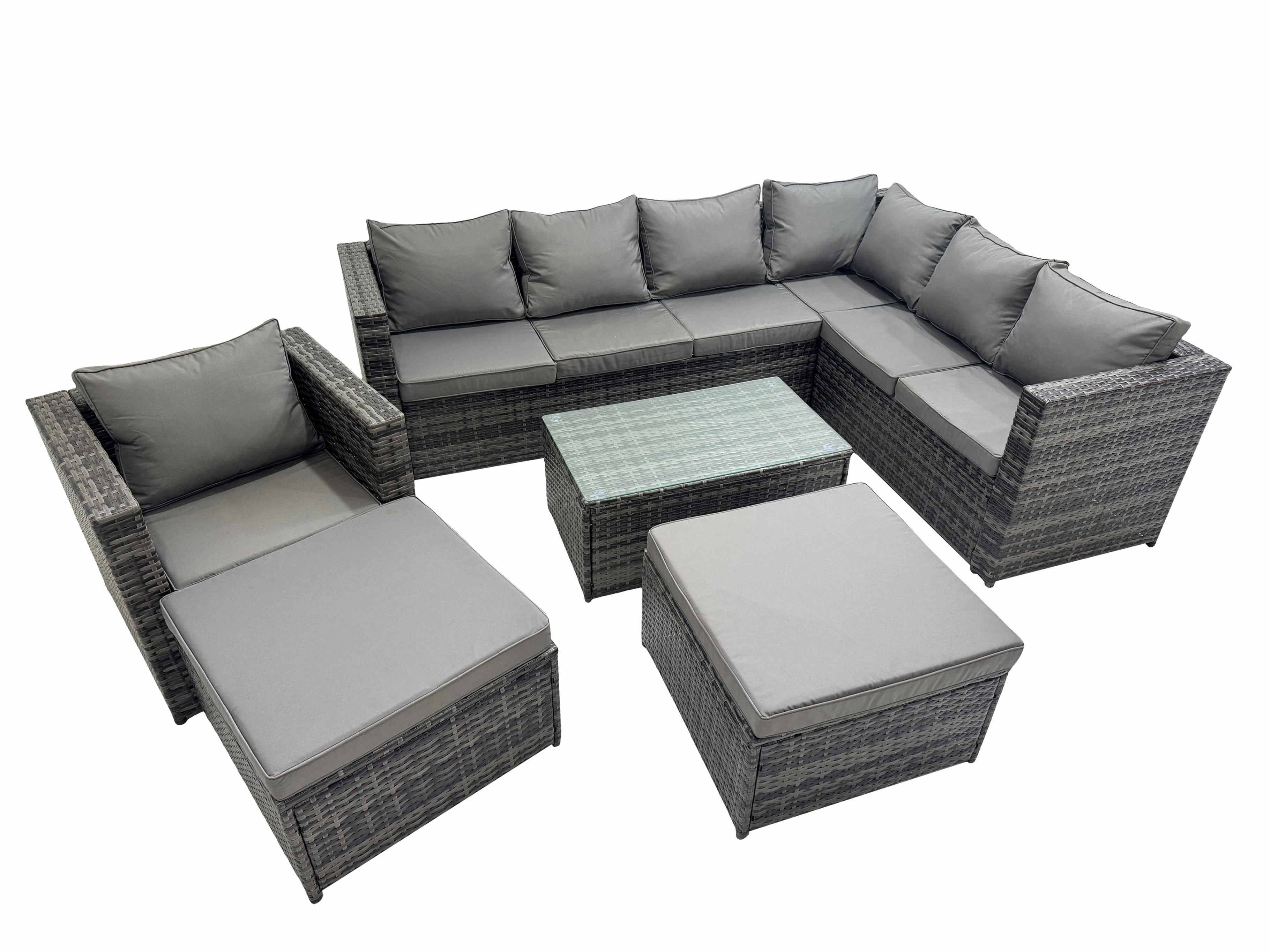 Rackhams Dark/Grey Patio Sofa Oblong Coffee Table Set Rattan Garden Furniture Set With 2 Big Stools Chair Mixed