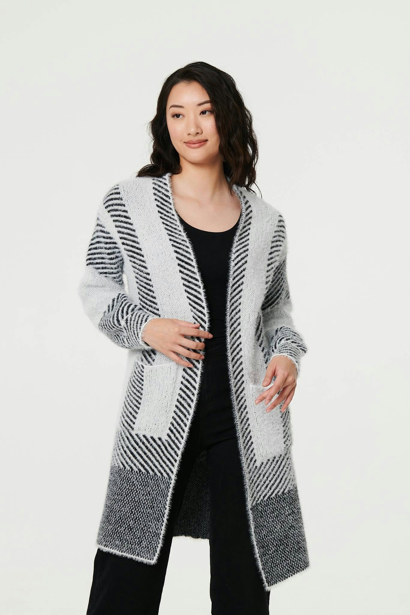 Izabel London White Striped Longline Relaxed Cardigan - S/M