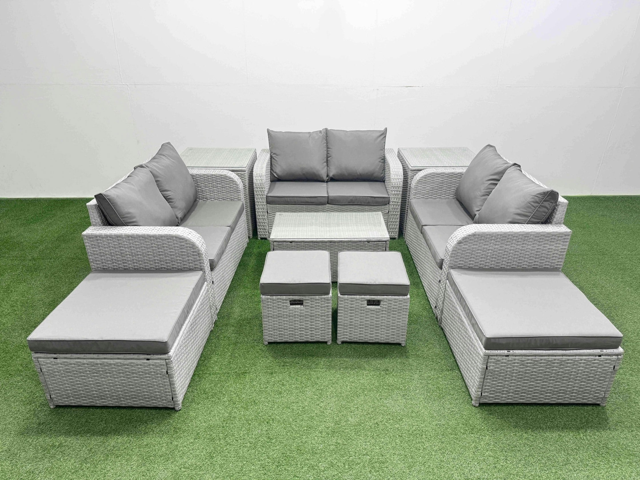 Fimous Light/Grey 10 Pcs Rectangular Coffee Table Set Reclining Chair Inclining Sofa Love Sofa 2 Big Footstool 2 Small Stool 2 Side Table