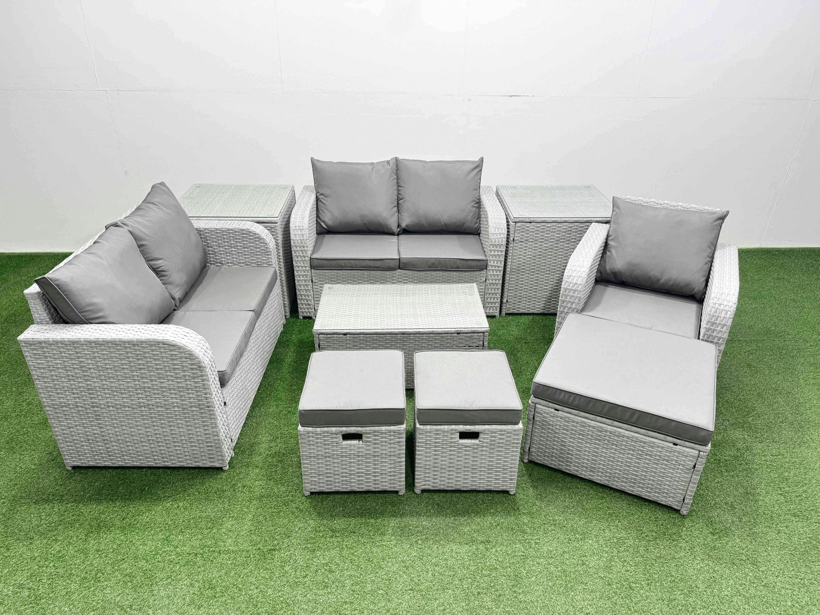 Rackhams Light/Grey 3 Stools Outdoor Set, High Back Poly Rattan, Reclining Loveseat Sofa, Coffee Table And 2 Side Tables,