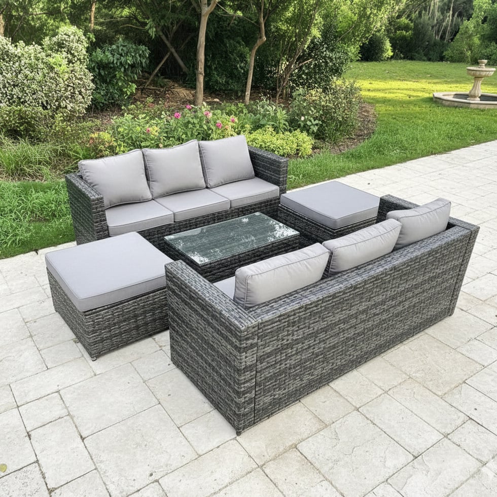 Rackhams Dark/Grey 8 Seater Rattan Garden Furniture Set With 2 Sofas, Coffee Table & 2 Large Footstools