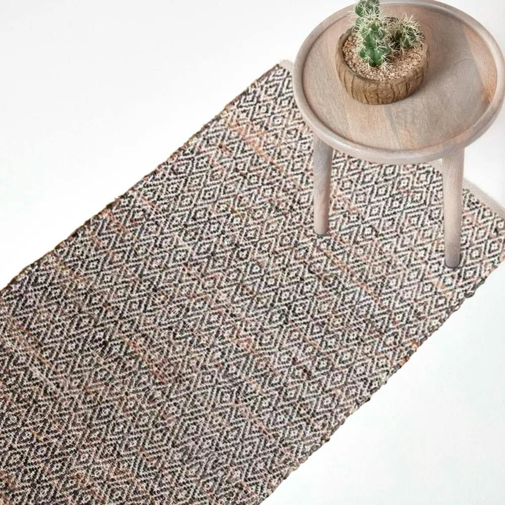 Photos - Area Rug Homescapes Rackhams Real Leather Handwoven Diamond Pattern Rug - 66 x 200 cm - Brown 