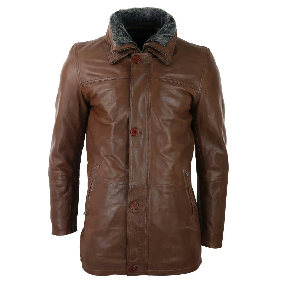 Infinity Leather Men's Black Leather Company 3/4 Long Leather Safari Jacket Classic Car Coat Zip Button Cover - Tan - 4XL