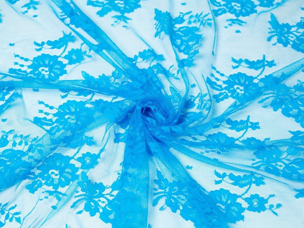Minerva Turquoise Core Range Deadstock Chantilly Tulle Lace Fabric - Flowers Design Dressmaking Fabric, 130 Cm / 52" Wide - Per Metre