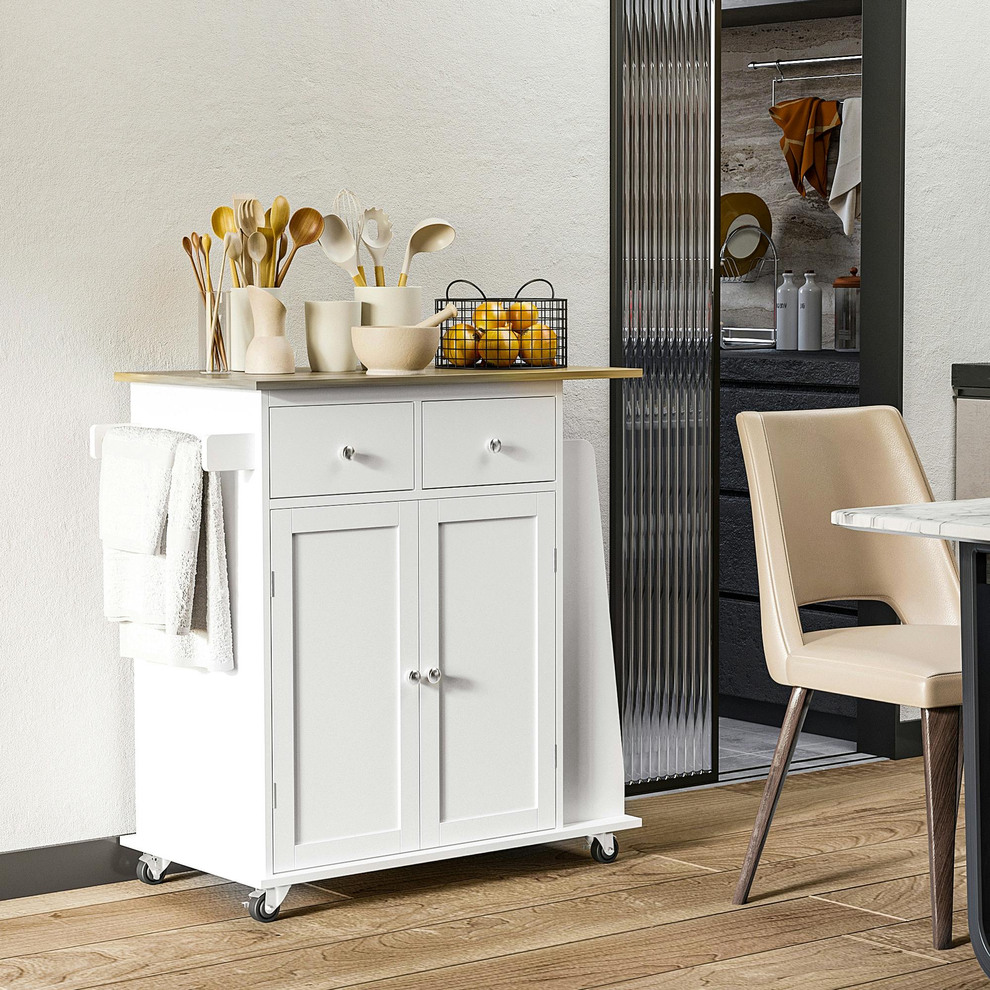 Homcom Kitchen Island Storage Cabinet Rolling Trolley With Wood Top, 3-Tier Spice Rack - Image 4