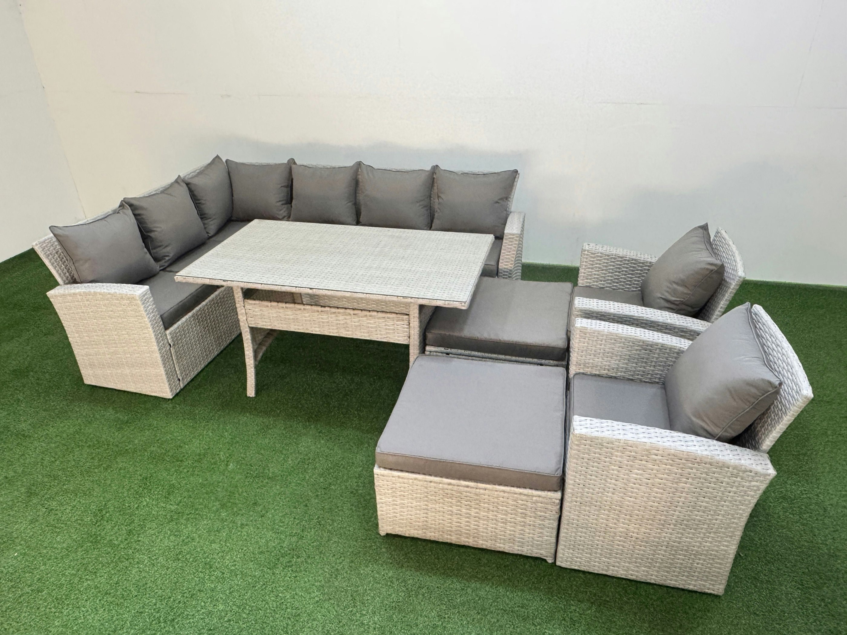 Rackhams Light/Grey 10 Seater Rattan Garden Furniture Set Outdoor Patio Dining Corner Sofa Sets With Dining Table 2 Chairs Big Footstools Mixed