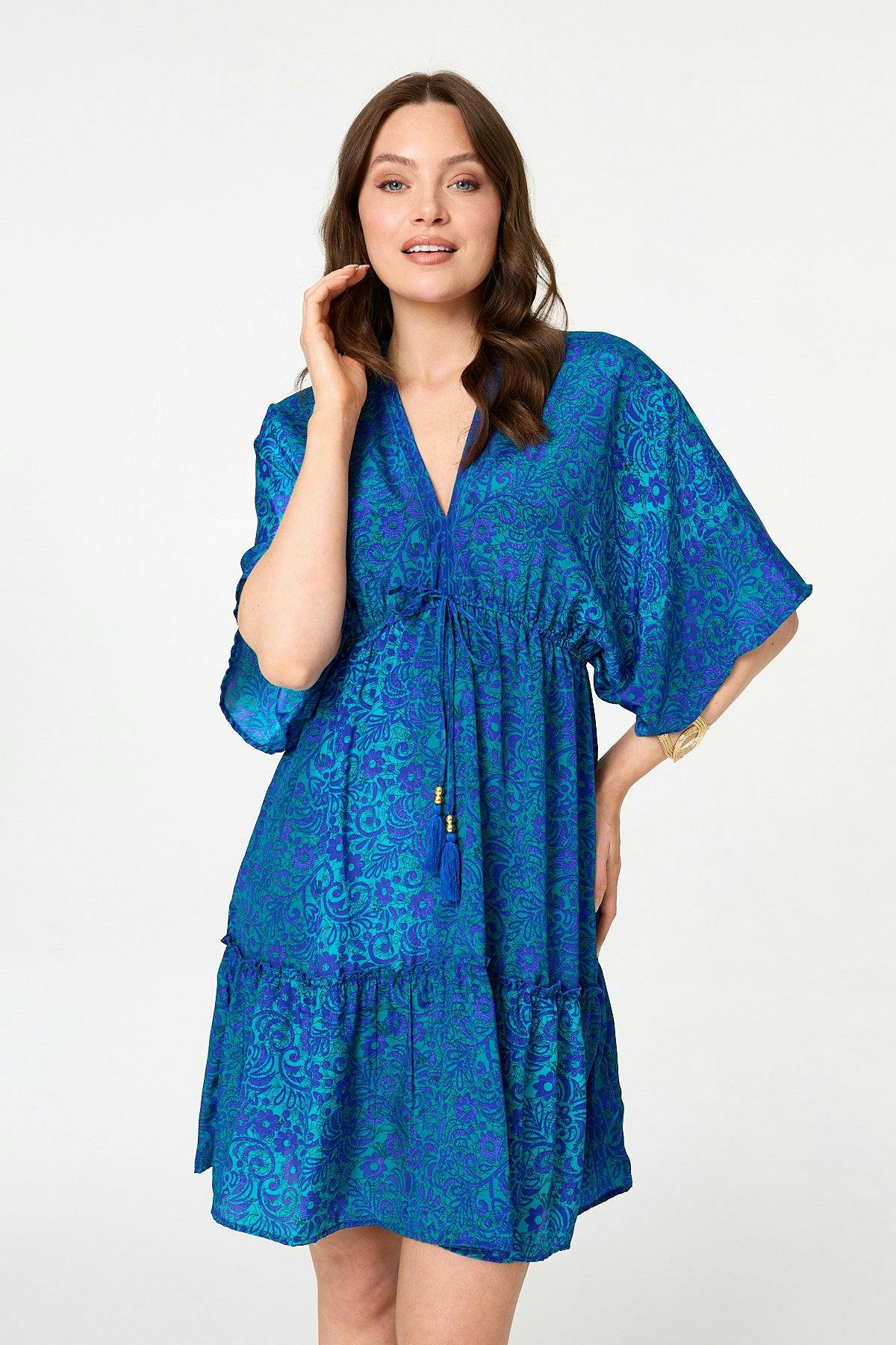 Izabel London Blue Paisley 3/4 Sleeve Relaxed Short Dress - 8