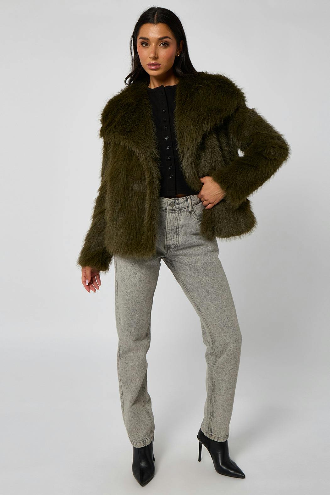 Urban Bliss Khaki Faux Fur Jacket - 12