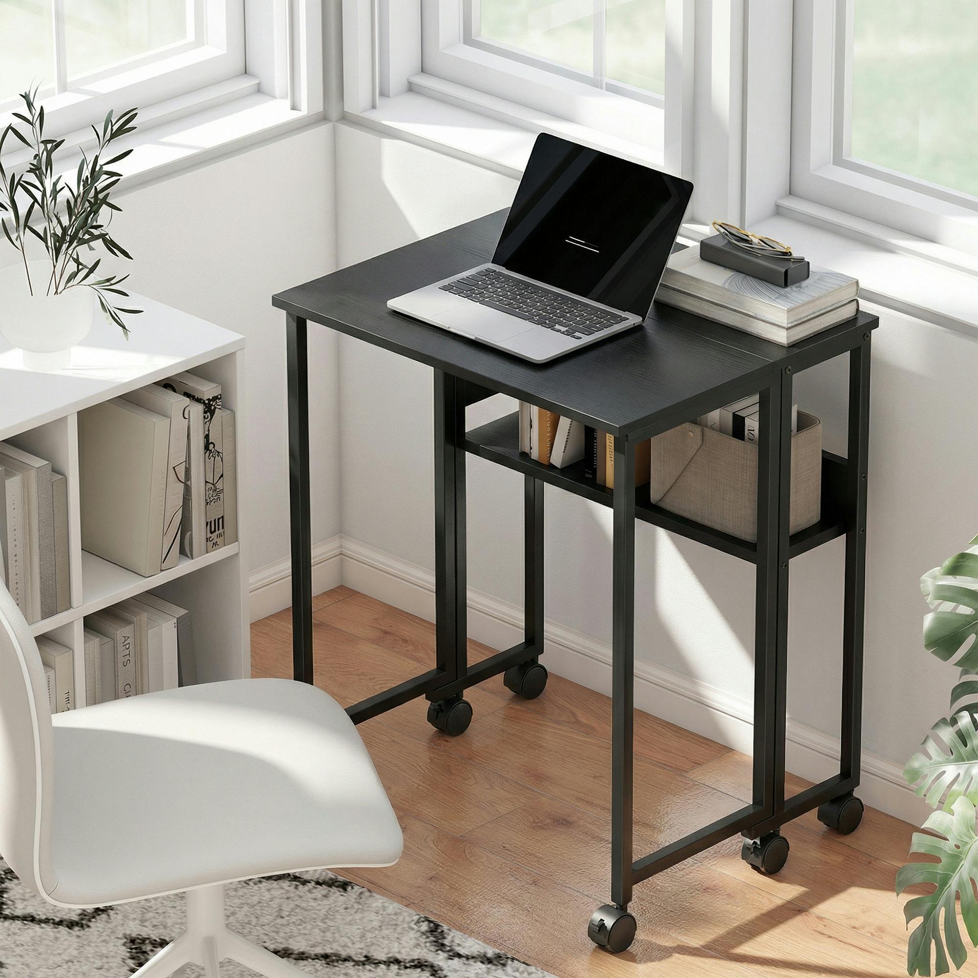 Homcom Black 63 Cm Foldable Computer Desk On Wheels For Small Spaces - 50 - Mdf, Steel - 63