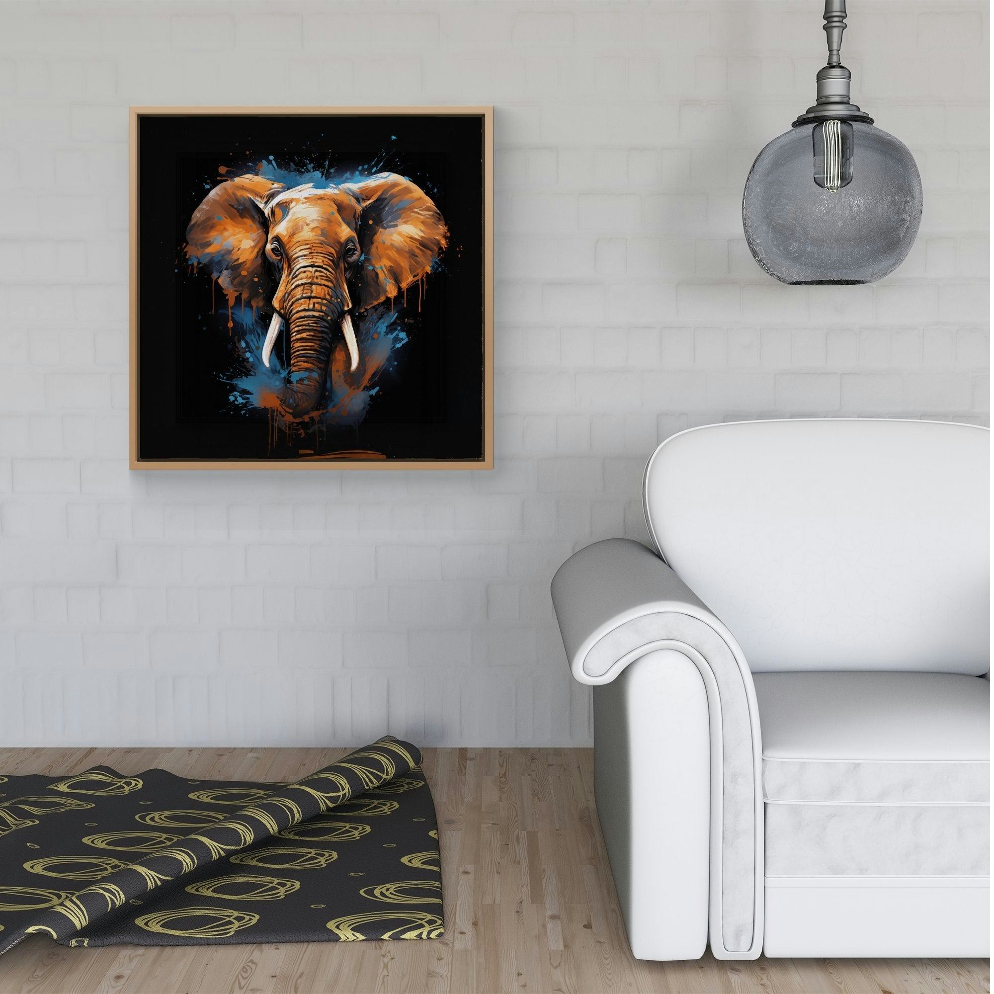 Warren Reed Blue Splash Art Elephant Framed Canvas - 16" X 16" - Pine