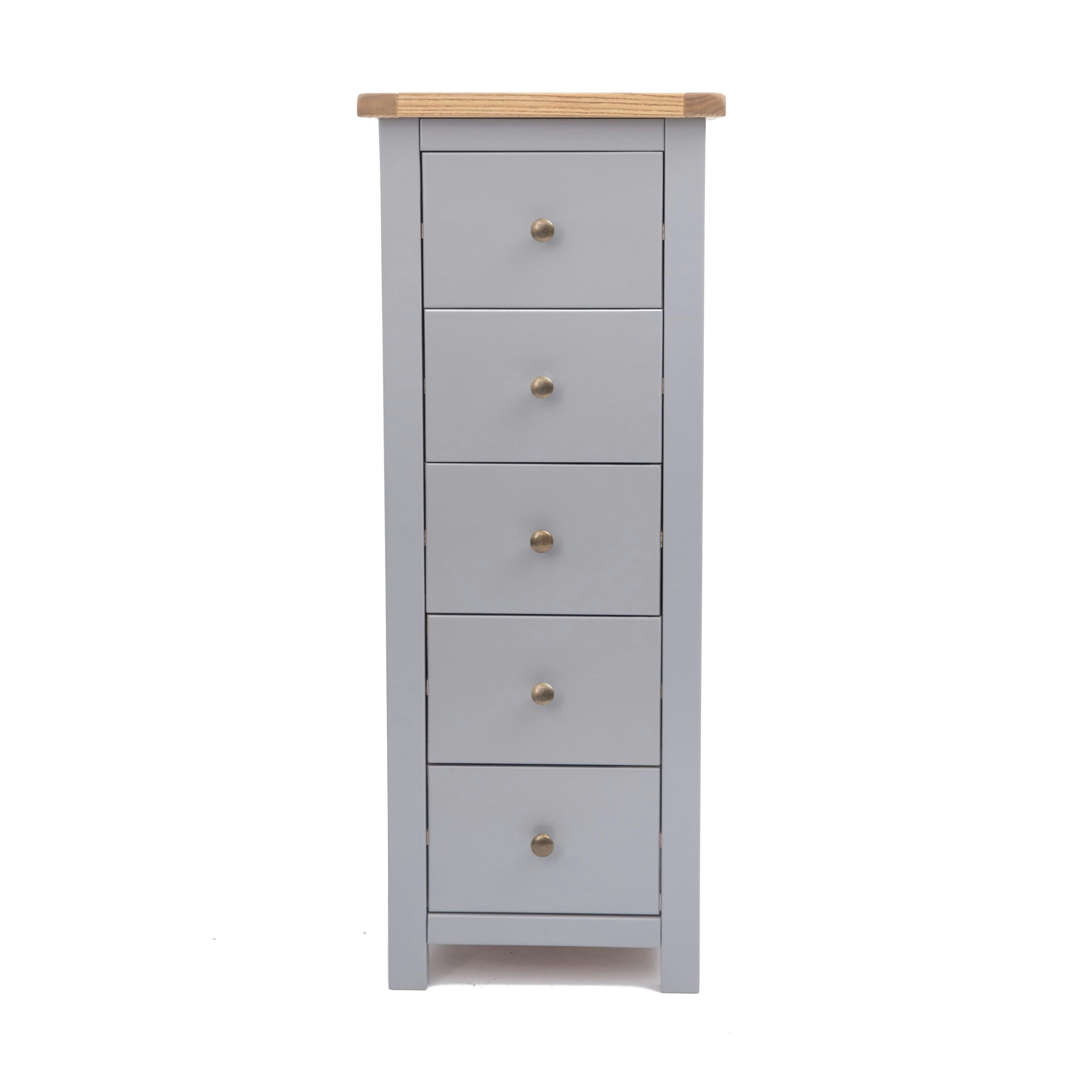 Rackhams Grey Mirano 5 Drawer Narrow Chest Of Drawers Brass Knob