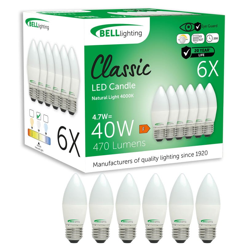 Rackhams White E27 Candle Opal Dimmable Bulbs 4.7W 470Lm Energy Saving 40W Equivalent ,Natural 4000K Screw - Pack Of 6