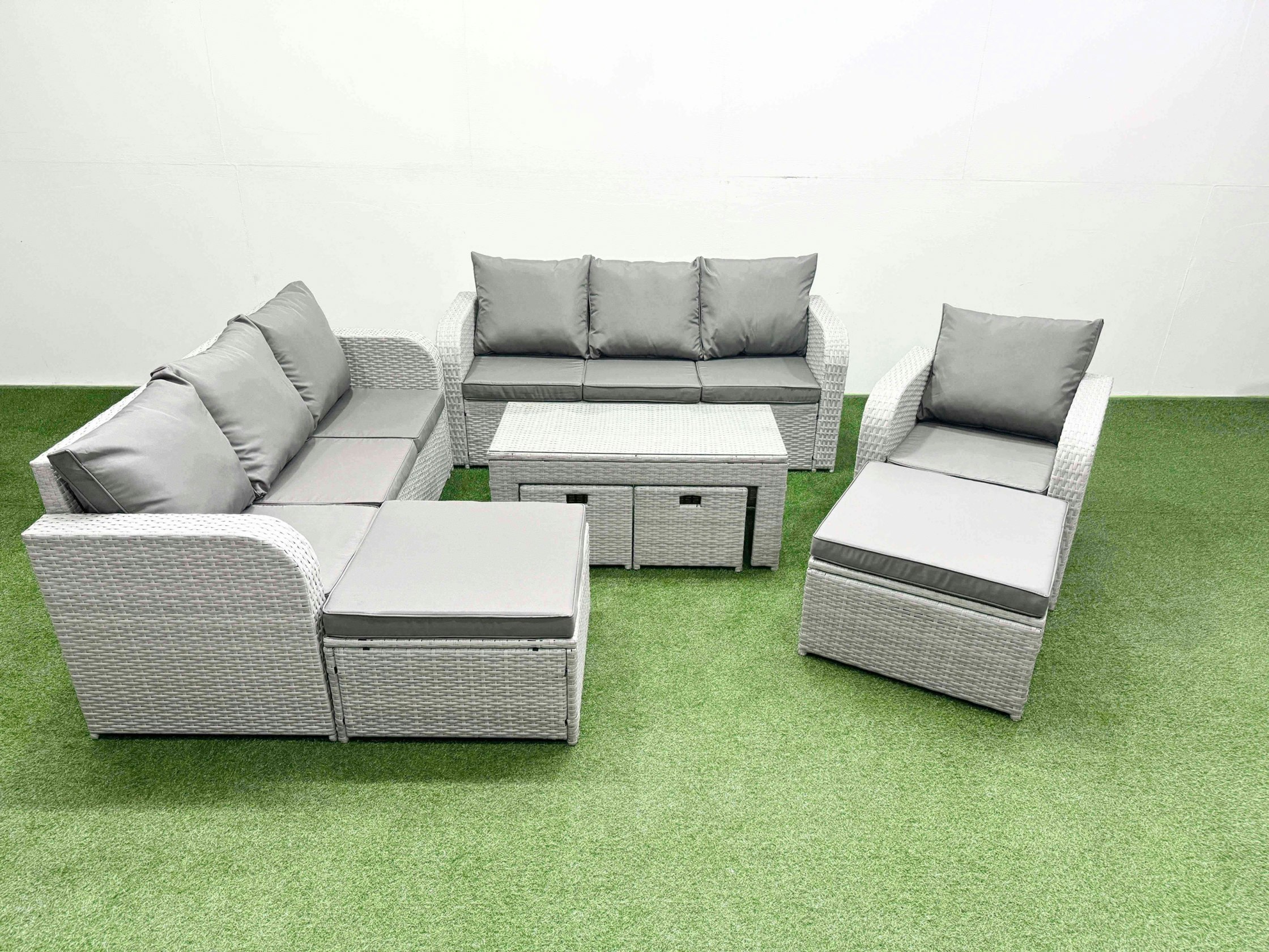 Fimous Light/Grey Outdoor Garden Furniture Set Pe Rattan 3 Seater Sofa Reclining Chair Set With Oblong Coffee Table 4 Footstools