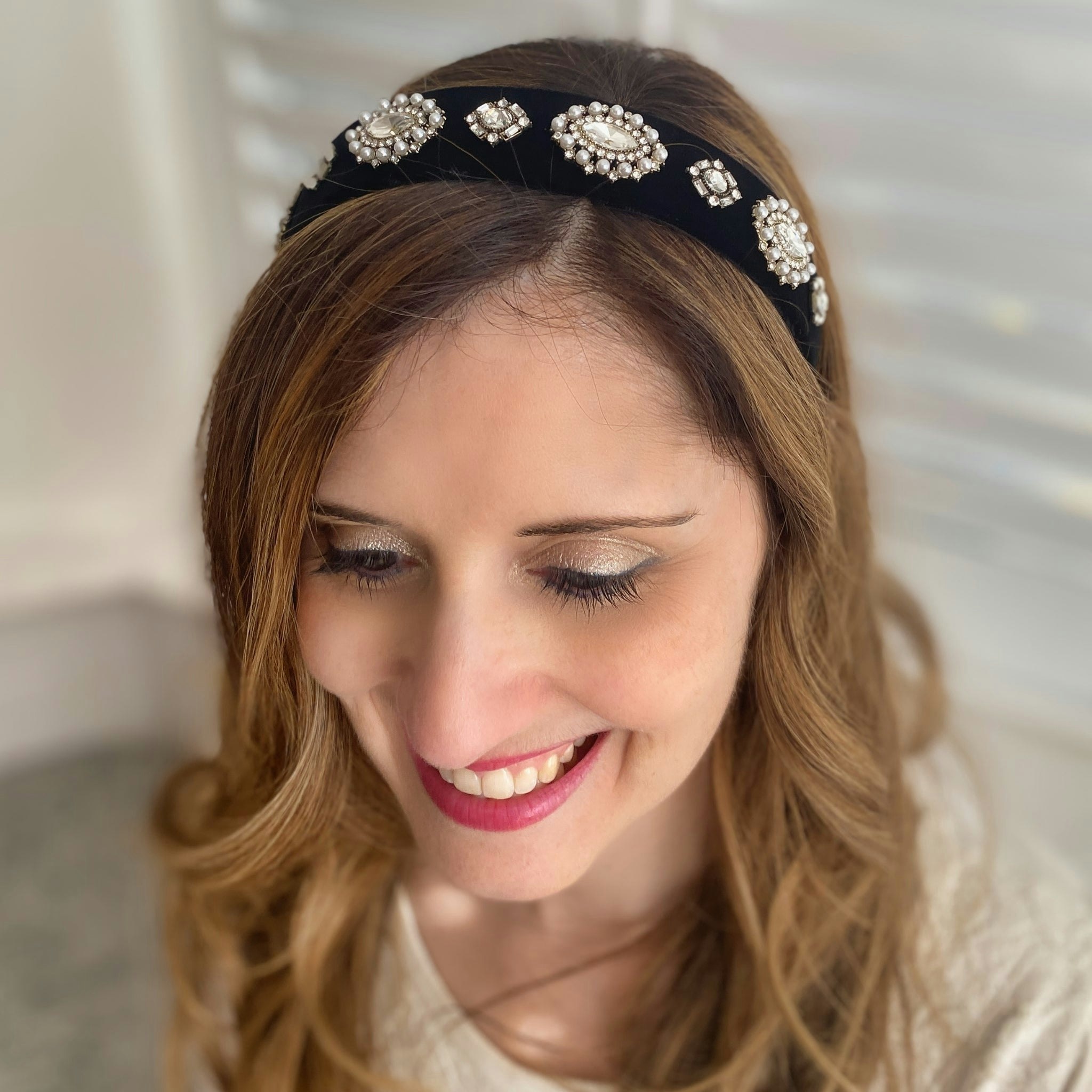 Queenmee Accessories Black Pearl Headband Velvet Hair Band Vintage Inspired