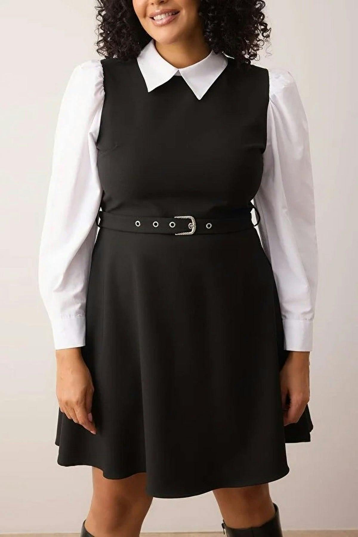 Wovcor Black Belted Shirt Detail Mini Woven Dress - 14