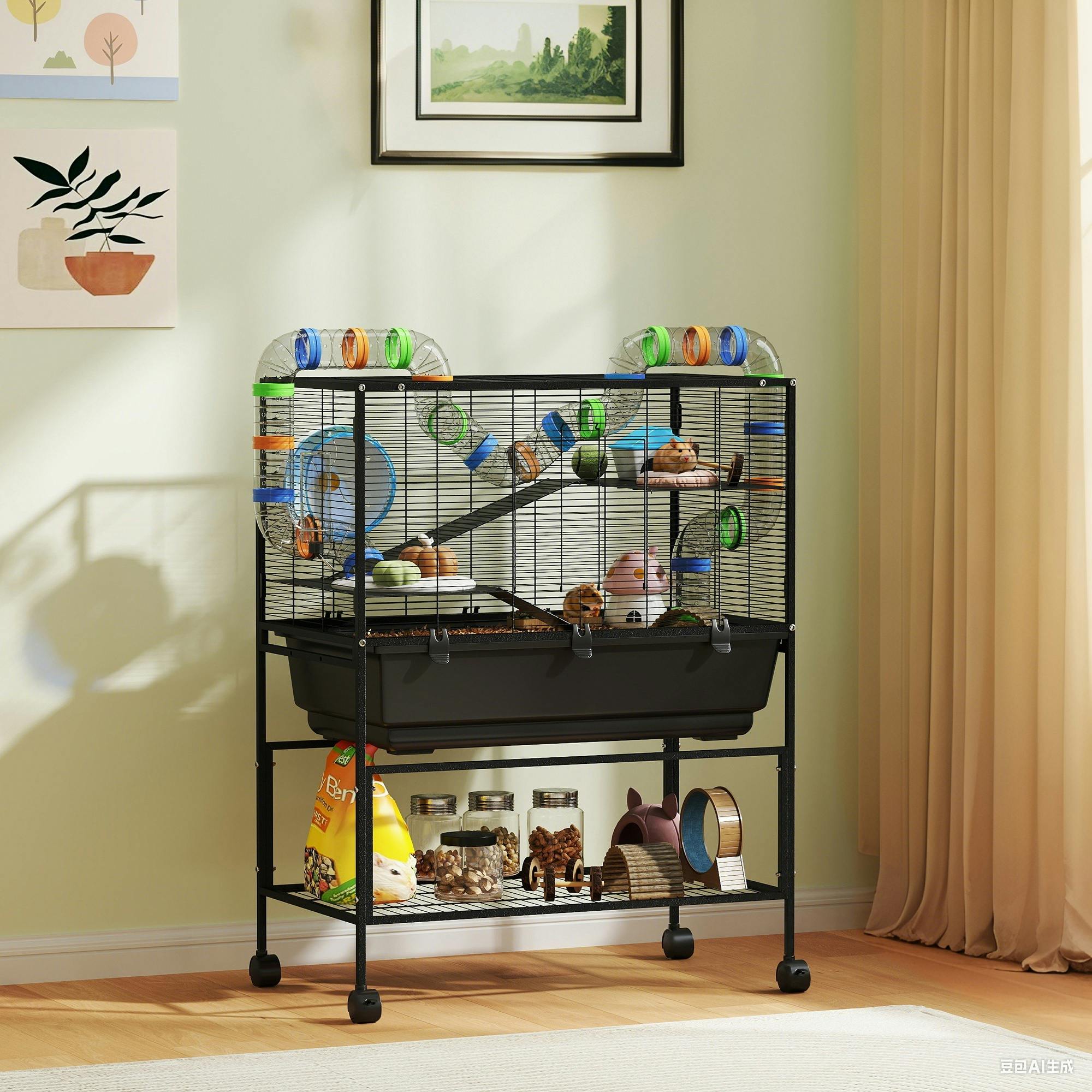 Pawhut Hamster Cage, 3 Tier Gerbil Cage On Wheels With Storage Shelf - 82L X 45W X 106.5H Cm