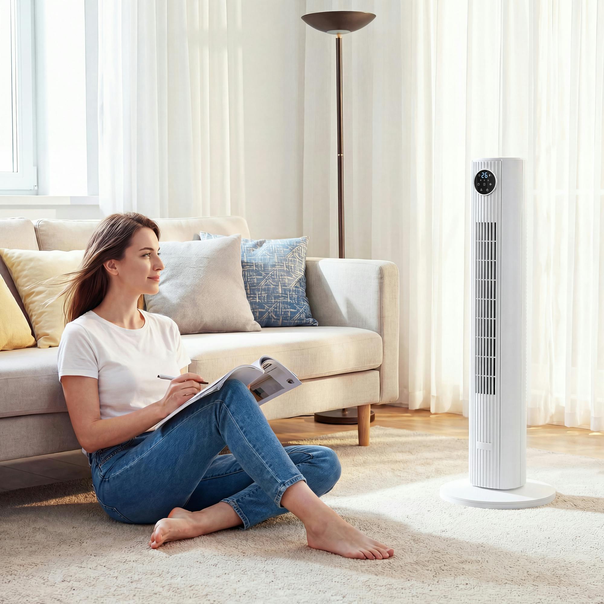 Homcom White 28Db Tower Fan For Bedroom, 26 Ft/S Velocity Standing Fan