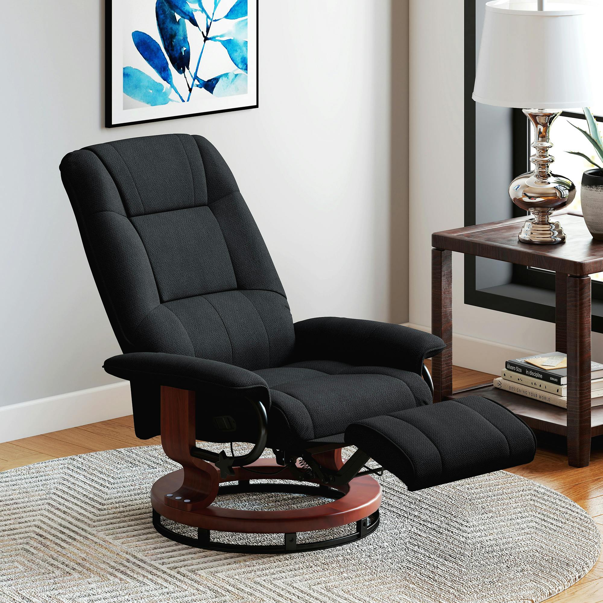 Rackhams Black Manual Recliner Swivel Reclining Chair With Footrest Armrests, - Wood Base