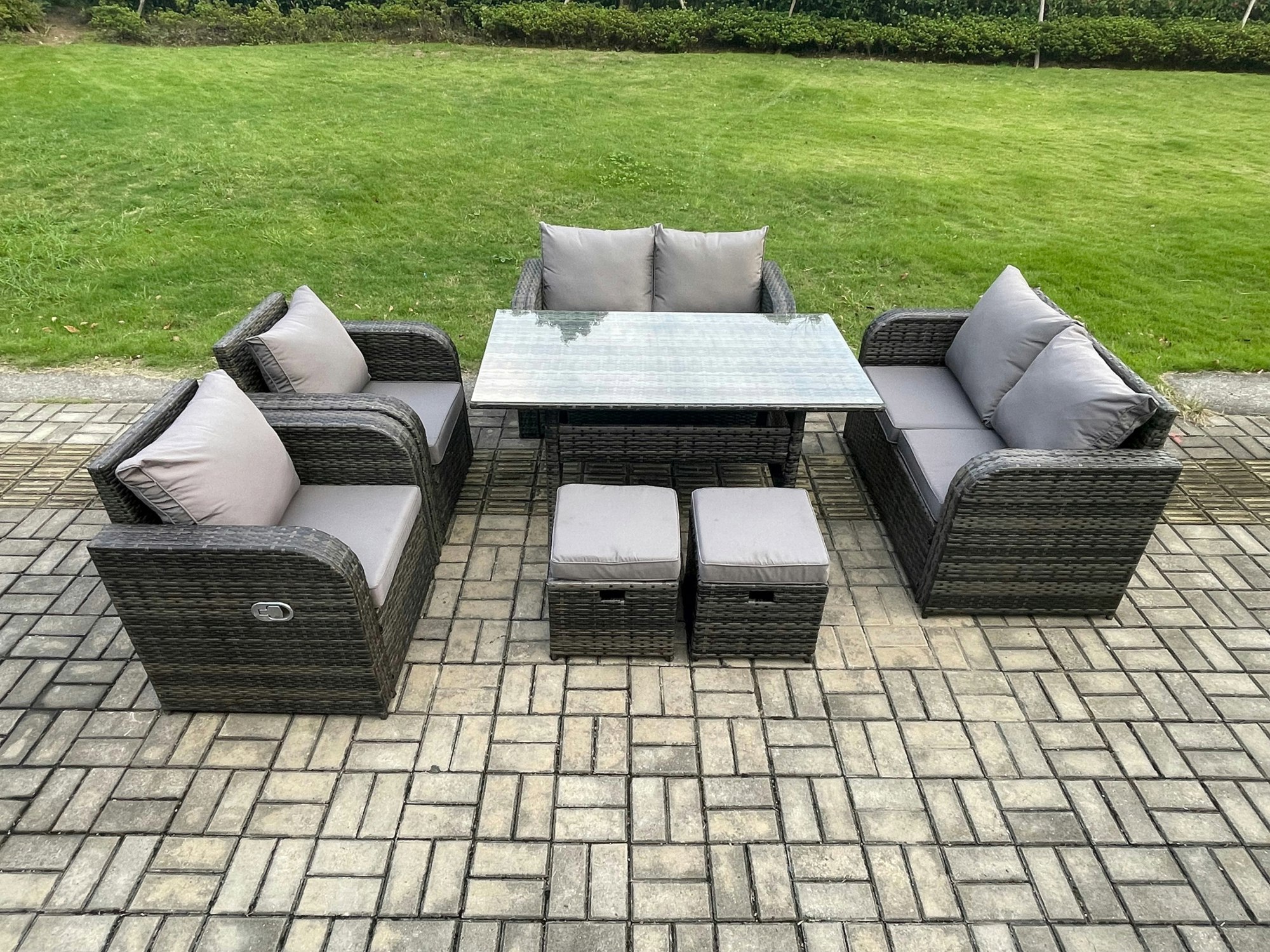 Fimous Dark/Grey 8 Seater Lounge Rattan Sofa Set Outdoor Garden Furniture Oblong Rectangular Dining Table With Chairs 2 Small Footstools Mixed