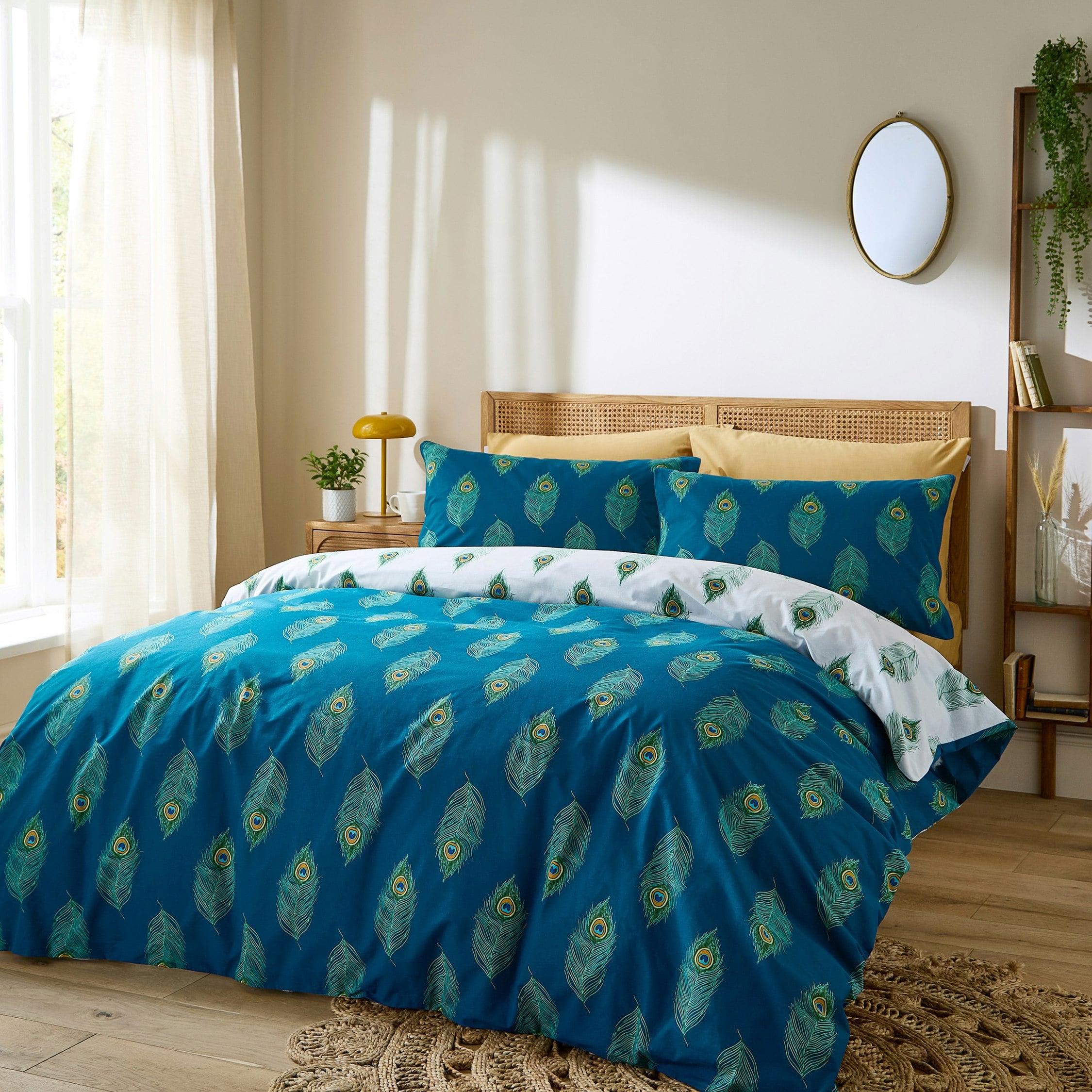 Rackhams Green Peacock Feather Cotton Reversible Duvet Cover Set Teal - King - Teal