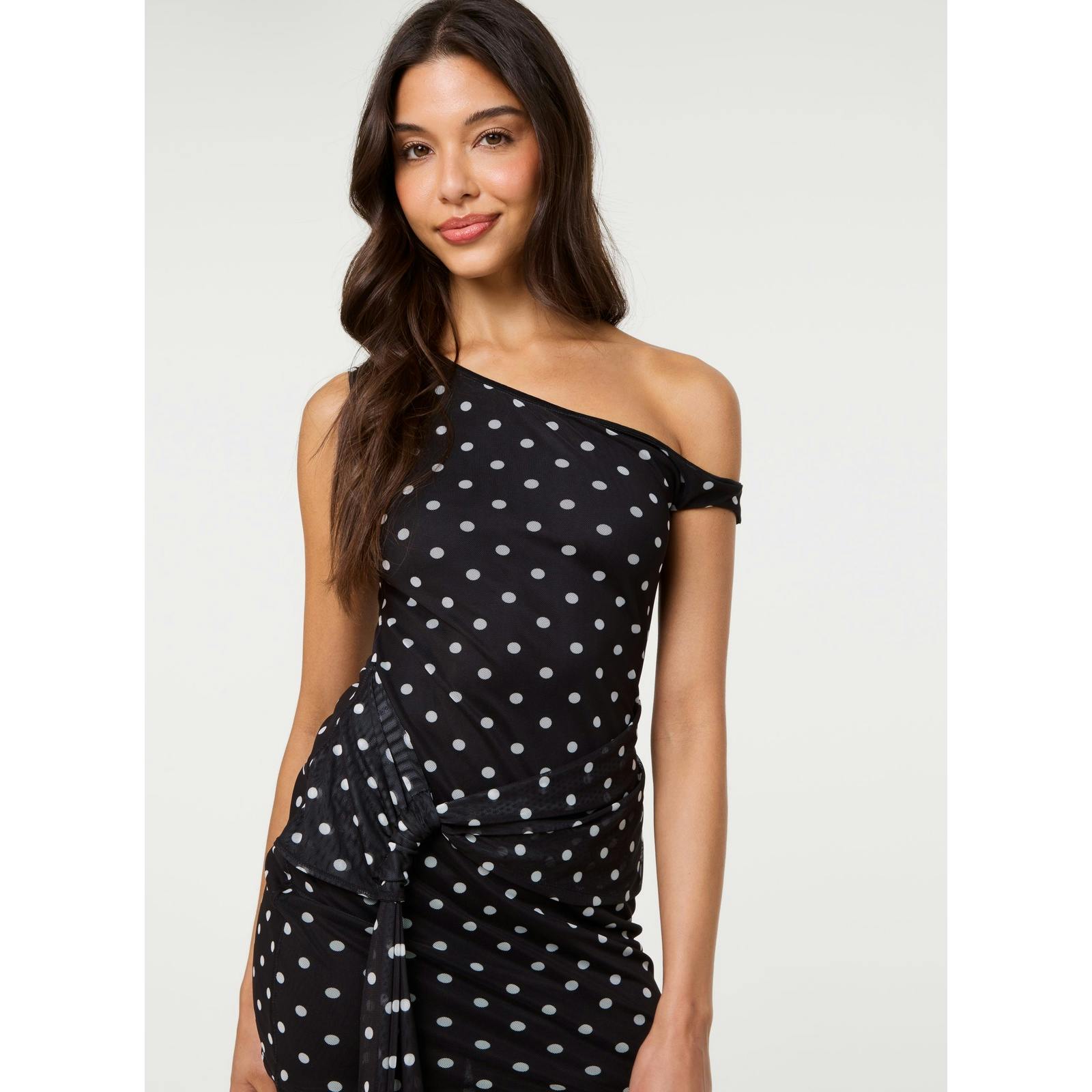 Pink Vanilla Pink/Ivory Vanilla Polka Dot Tie Side Mesh Bodycon Dress - M