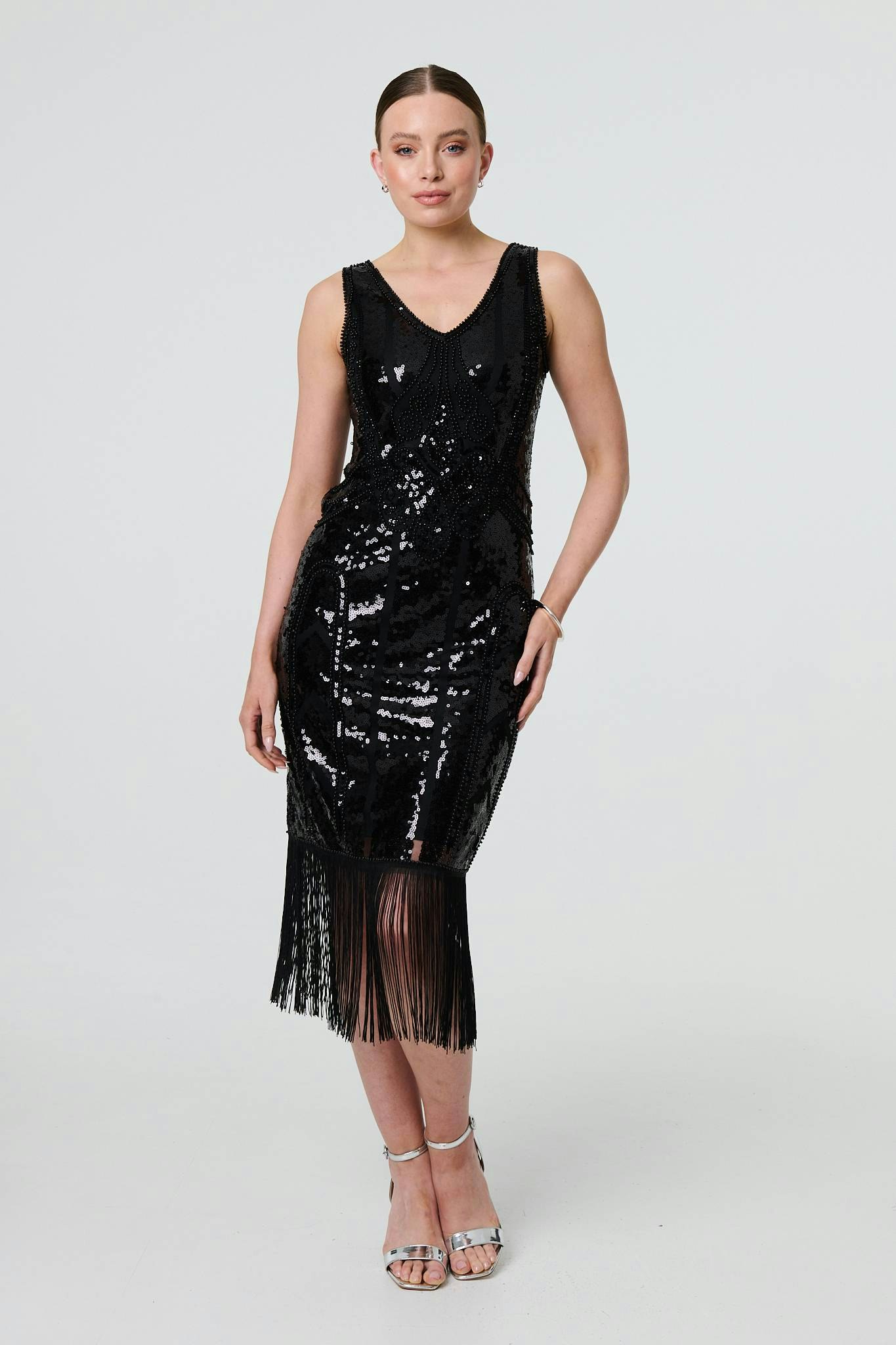 Izabel London Black Sequin Embellished Tassel Trim Midi Dress - S