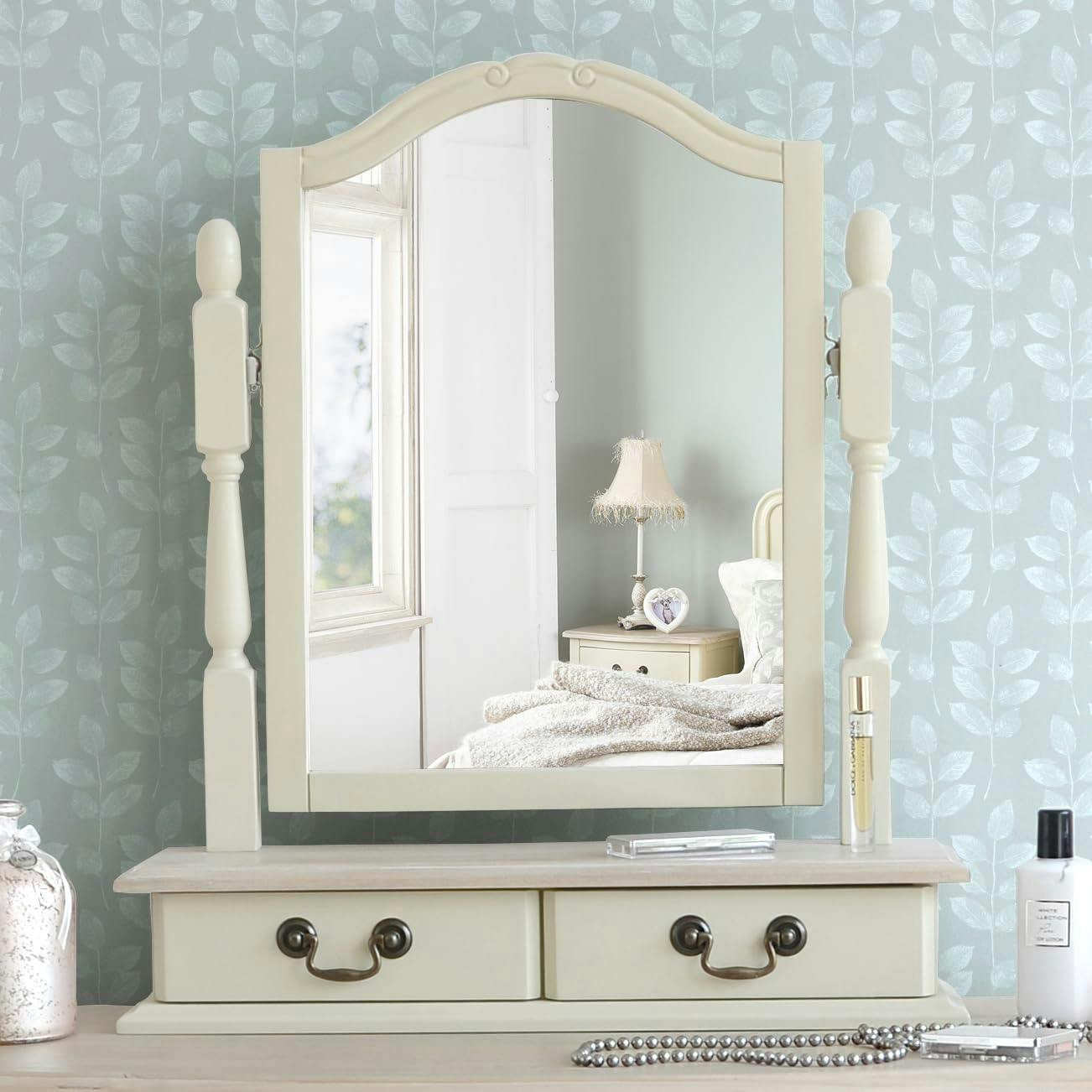 Statement Furniture Cream Juliette Trinket Mirror, Wooden Dressing Table Mirror With Drawers - Champagne,