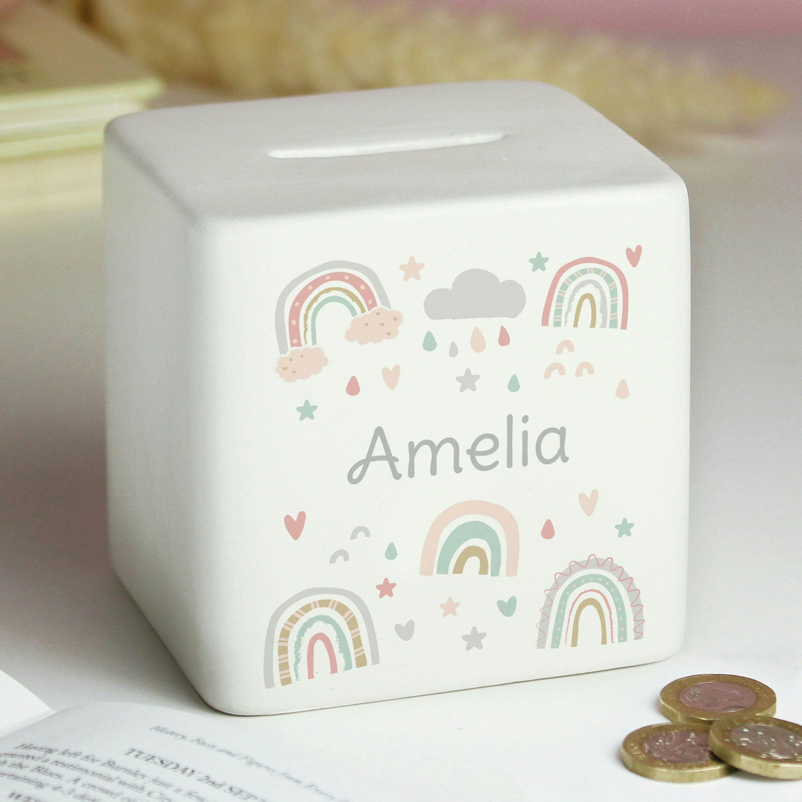 Personalised Memento Company Personalised Rainbow Ceramic Square Money Box