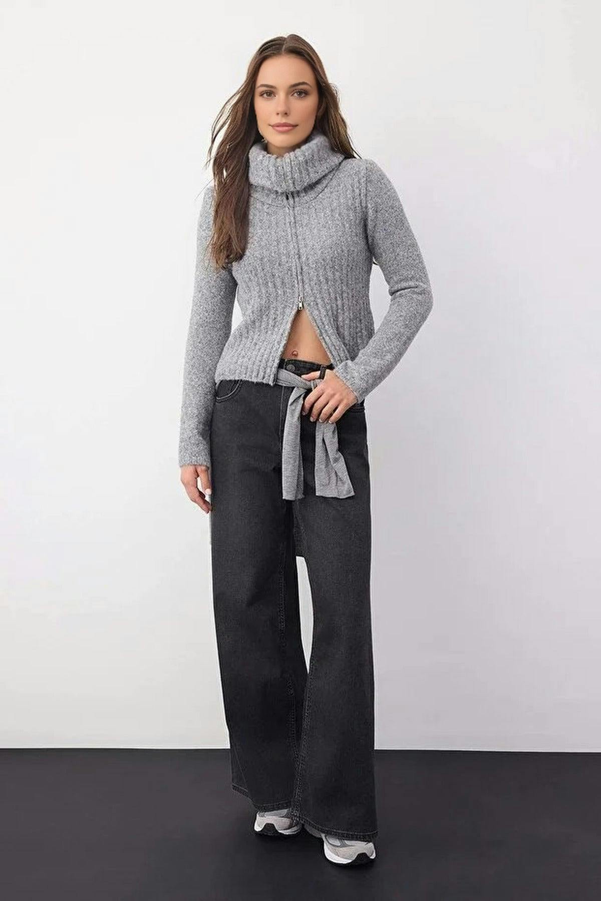 Wovcor Grey Wool Blended Beard Yarn Zippered Knit Cardigan - S