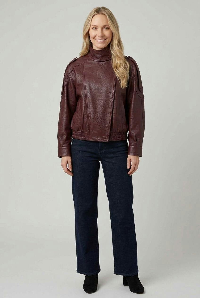 Izabel London Burgundy Faux Leather Asymmetric High Neck Jacket - S/M