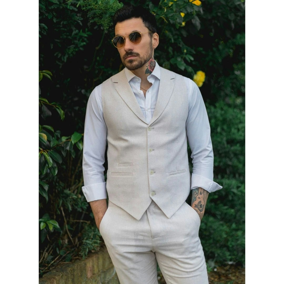 Truclothing Men's Cream/Beige Tp-10 - Summer Suit Waistcoat Trousers Linen Formal Wedding - 46" Vest 40" Trousers