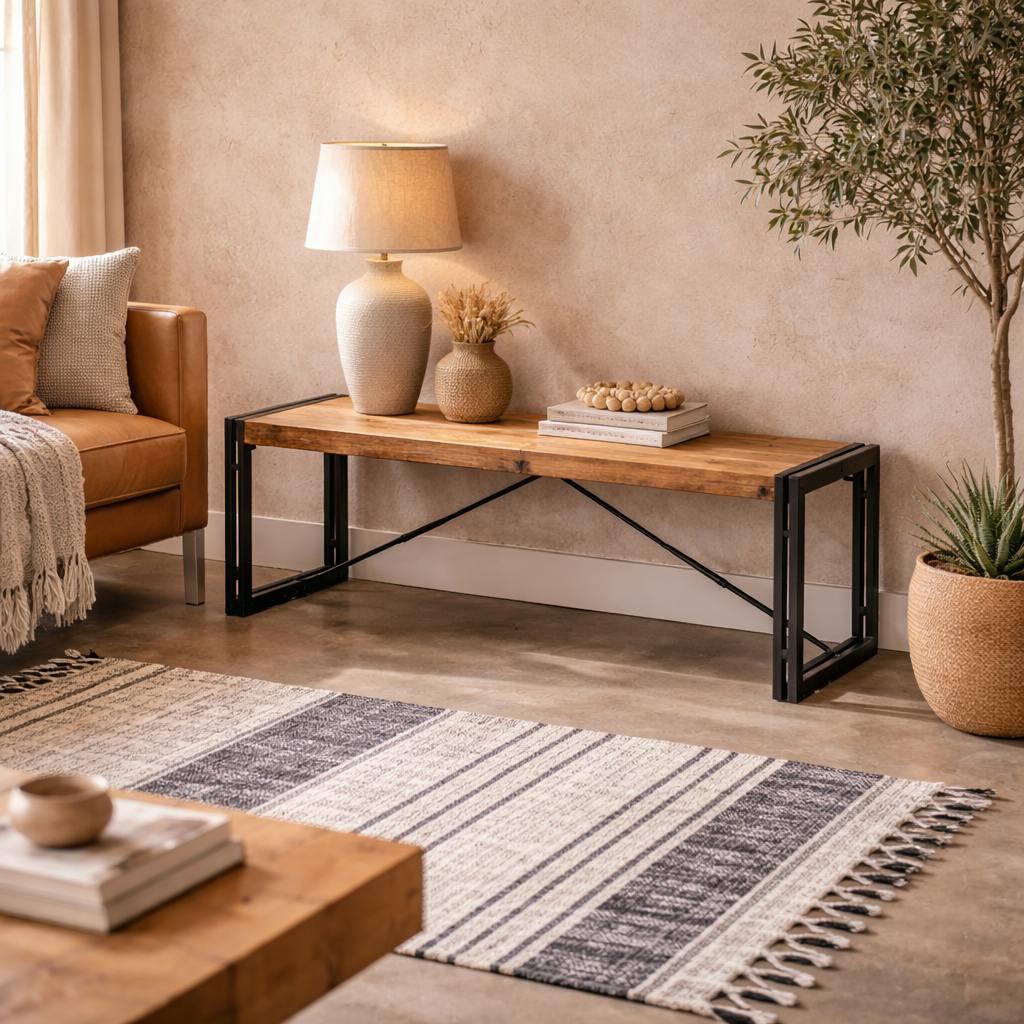 Wyld Haus Light/Grain Toivakka Industrial Reclaimed Wood And Metal Dining Bench