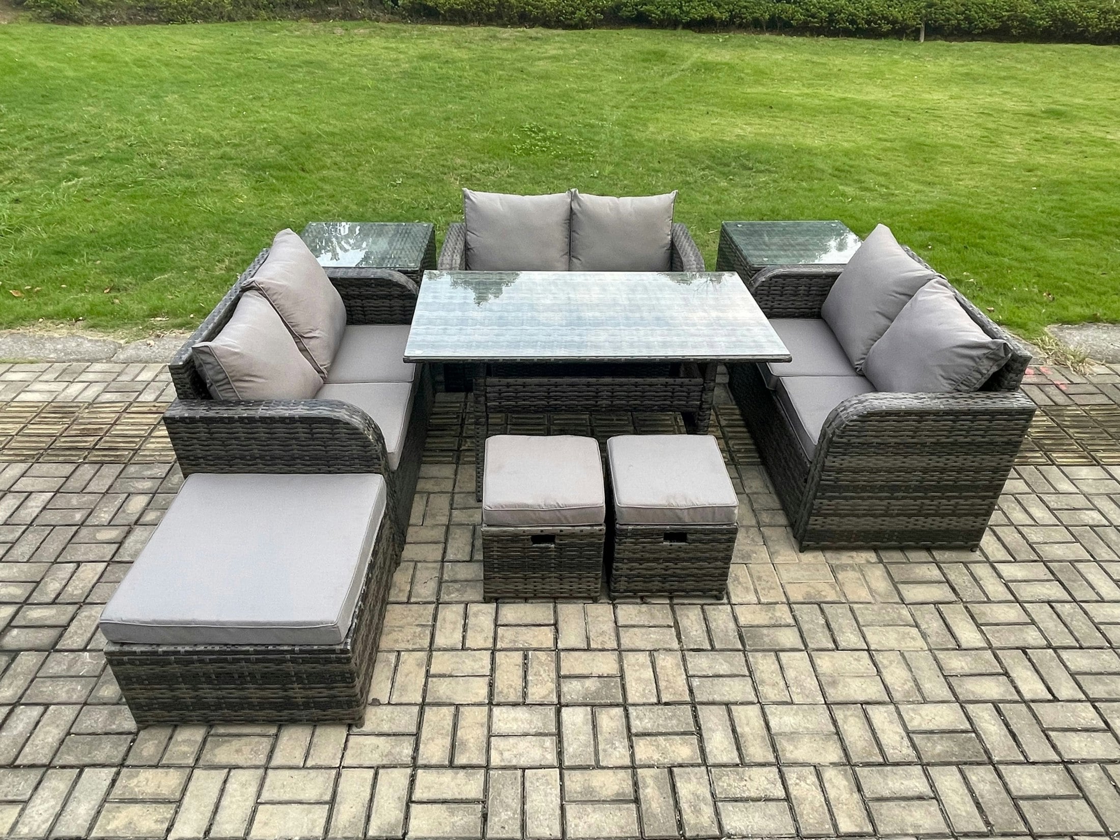Fimous Dark/Grey 9 Pieces Outdoor Rattan Garden Furniture Set With Patio Rectangular Dining Table Love Sofa 2 Side Tables 3 Footstools Mixed