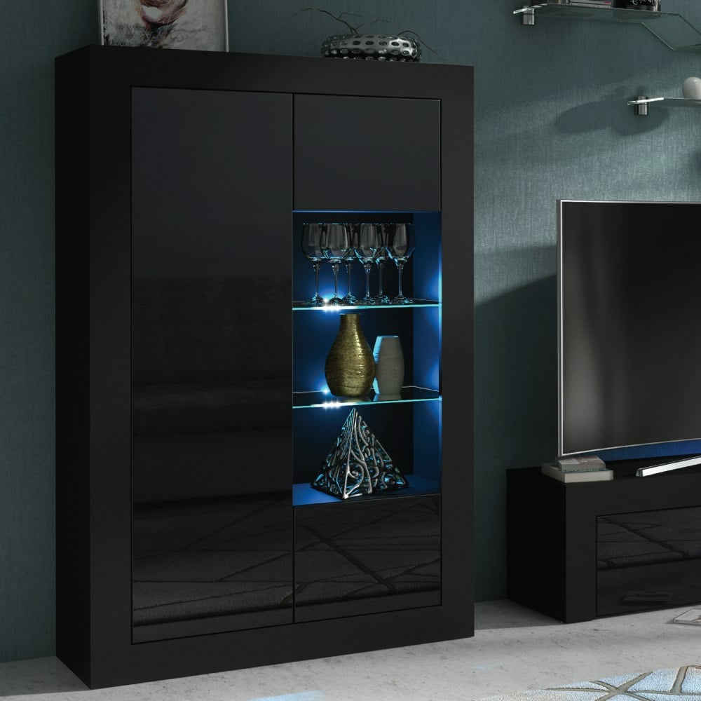 Mex Furniture Black Elegant 140Cm Sideboard Cabinet Unit With High Gloss Doors And Free Led Display - 140 Cm - Matt Body & Gloss Doors - 1