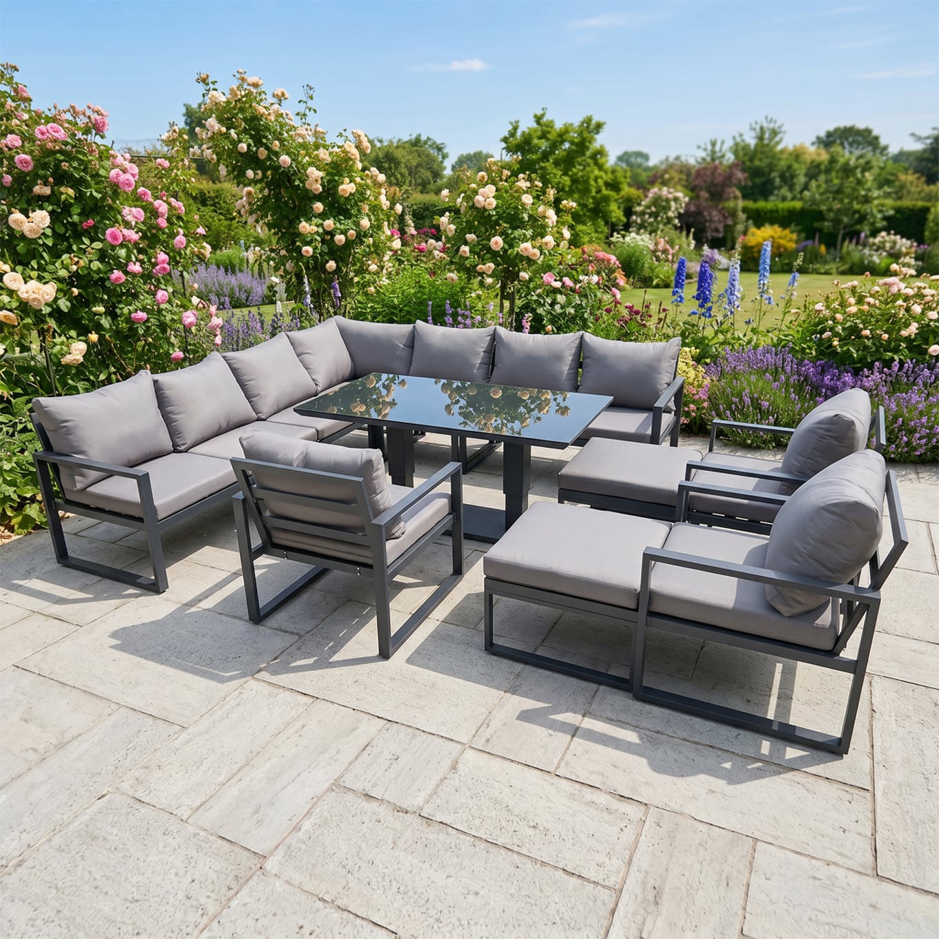 Rackhams Dark/Grey 12 Seater Outdoor Aluminum Garden Furniture Set With Corner Sofa, 3 Chairs, 2 Footstools & Adjustable Rising Dining Table
