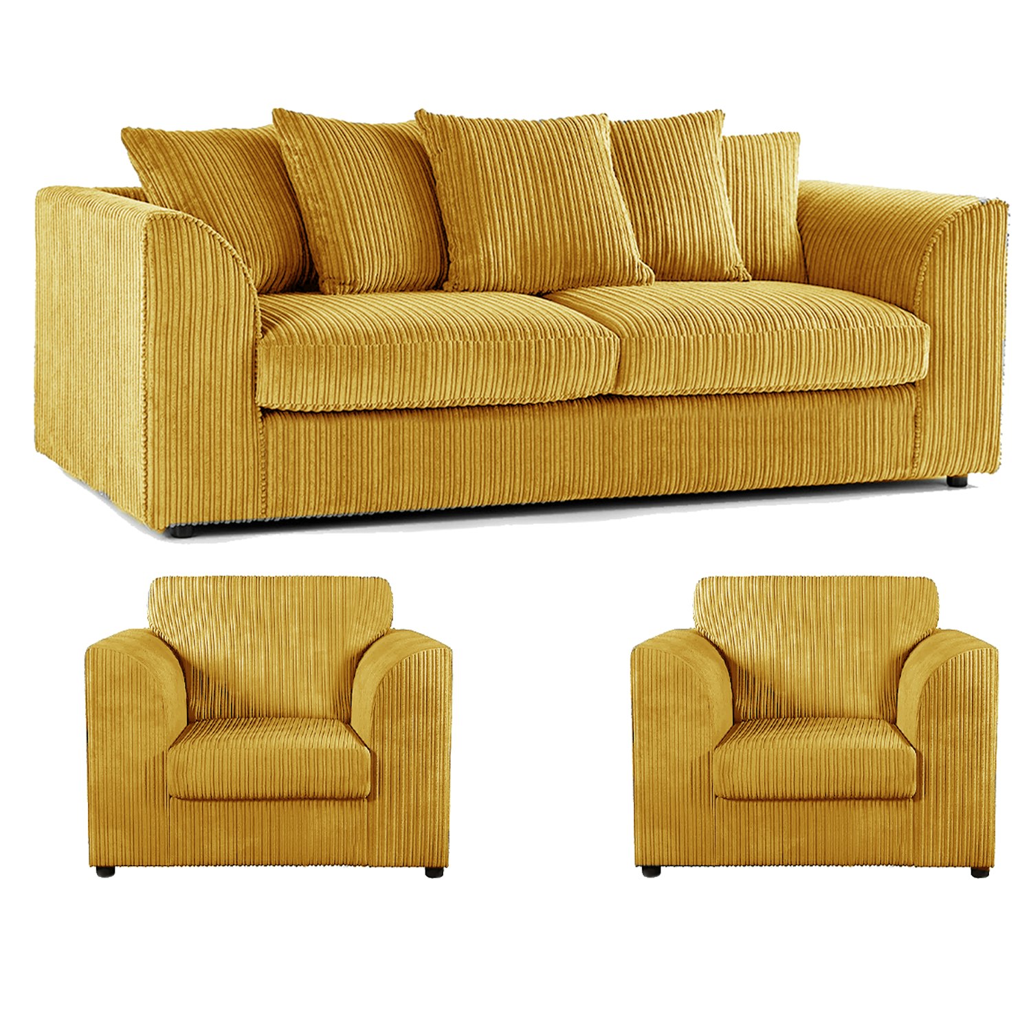 Furnishings For Less Black Luxor Full Jumbo Cord 3 Seater And 2 X Armchairs - Scatter Back - Mustard