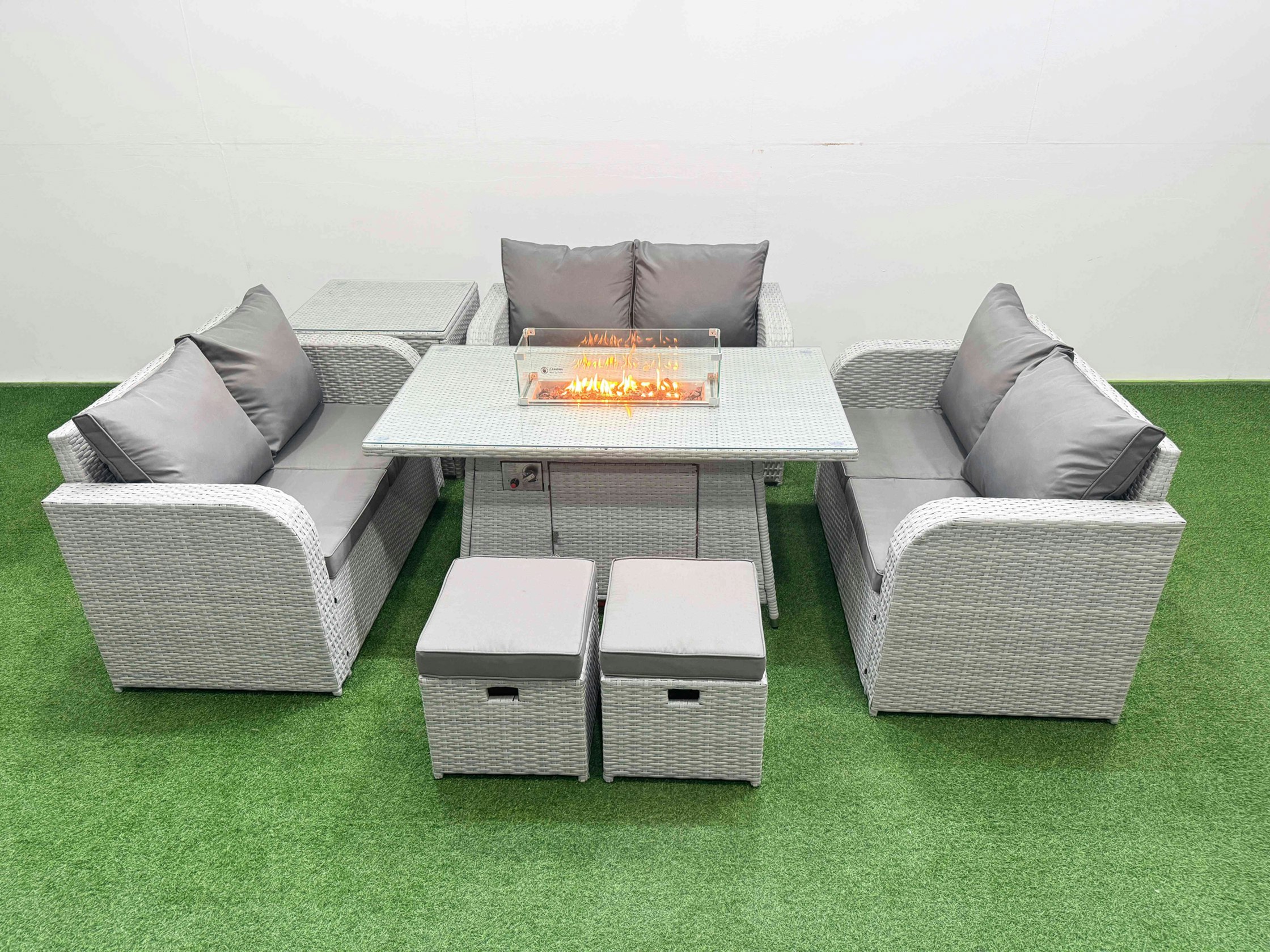 Fimous Light/Grey 8 Seater Pe Wicker Rattan Furniture Sofa Sets With Fire Pit Dining Table 2 Seater Love Sofa 2 Stool Side Table