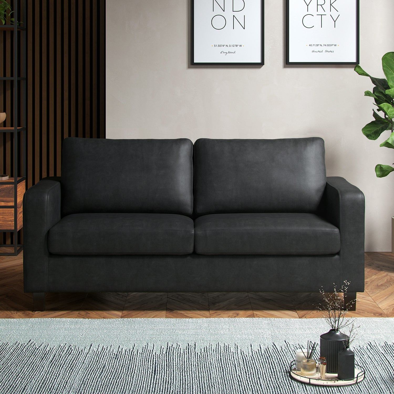 Furnishings For Less Black York Faux Leather 3-Seater Sofa