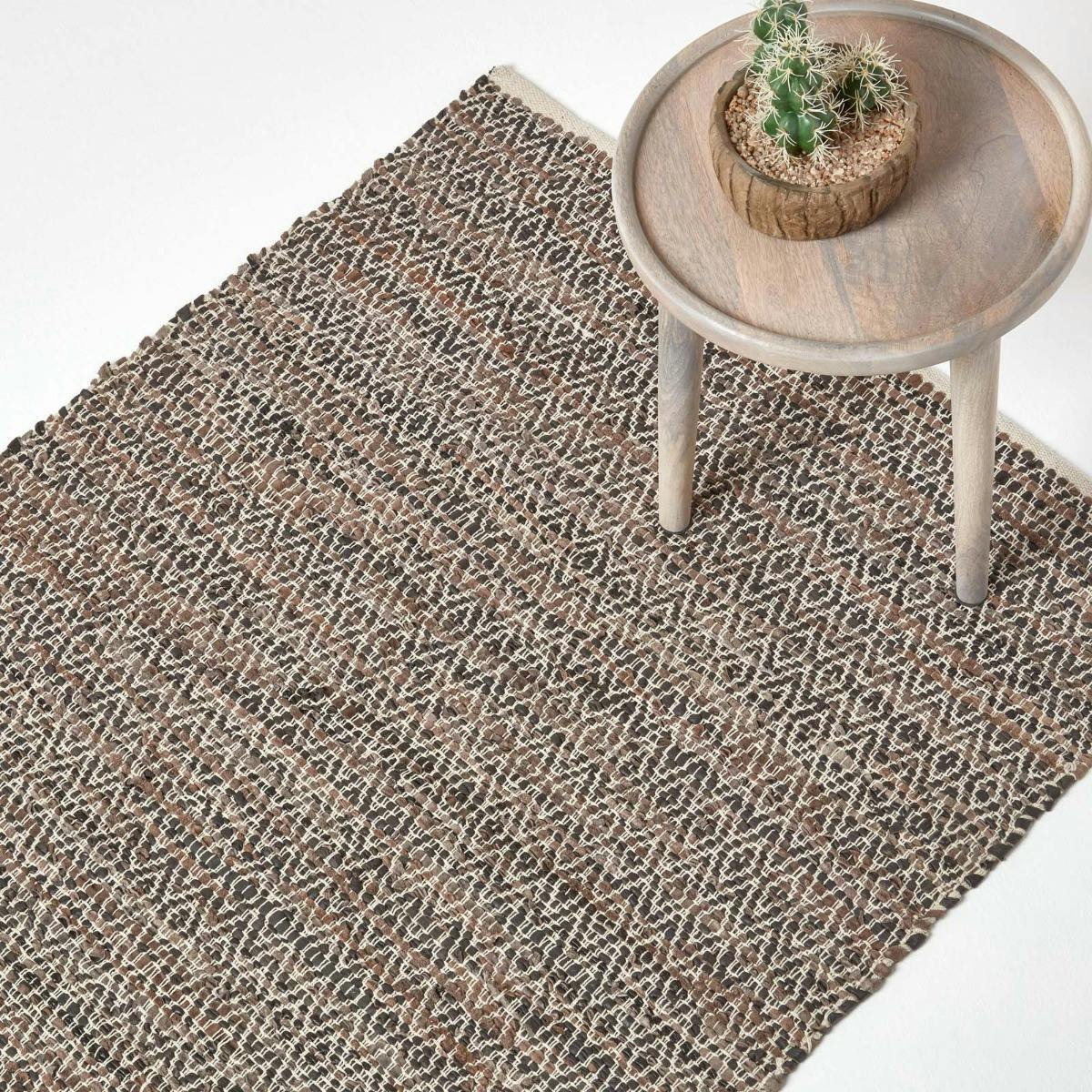 Homescapes Brown Real Leather Handwoven Diamond Pattern Rug - 120 X 180 Cm